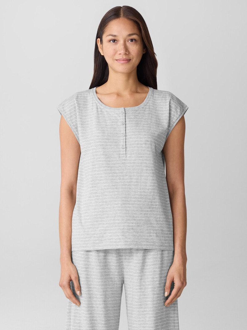 EILEEN FISHER Striped Organic Cotton Jersey Henley Sleep Top outlook