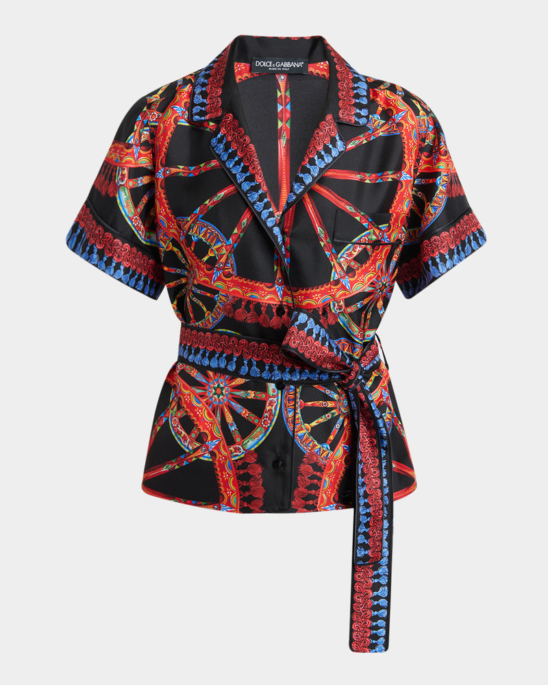 Short-Sleeve Carretto-Print Silk Twill Belted Pajama Shirt 1