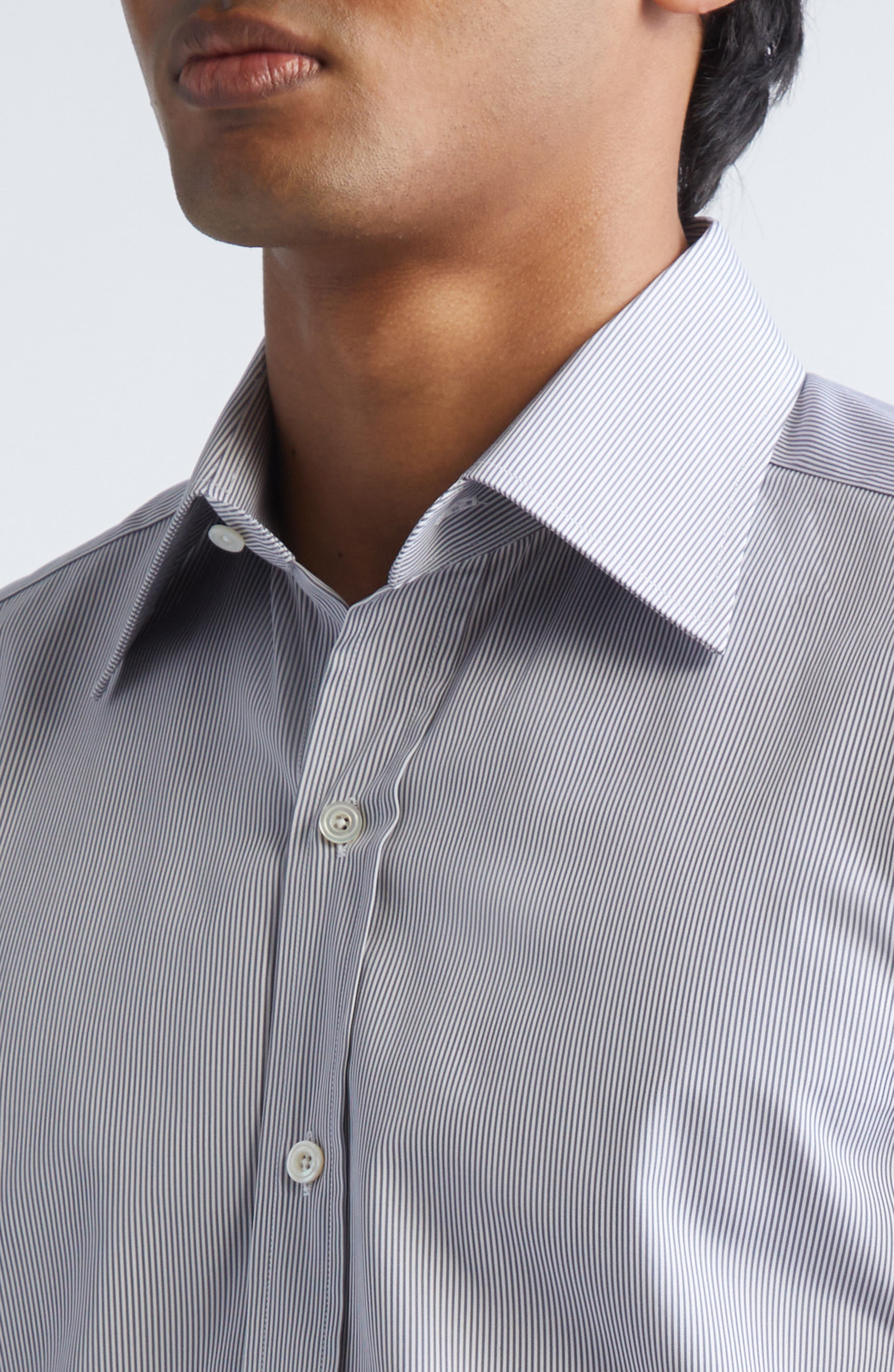 TOM FORD Classic Fit Stripe Peached Cotton Button-Up Shirt in White/Light Grey at Nordstrom - 4