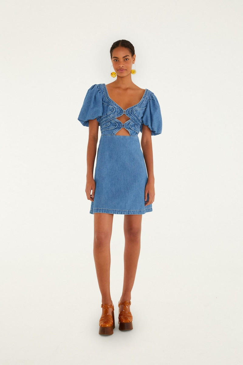 Denim Wavy Cut-Out Puff Sleeve Mini Dress 1