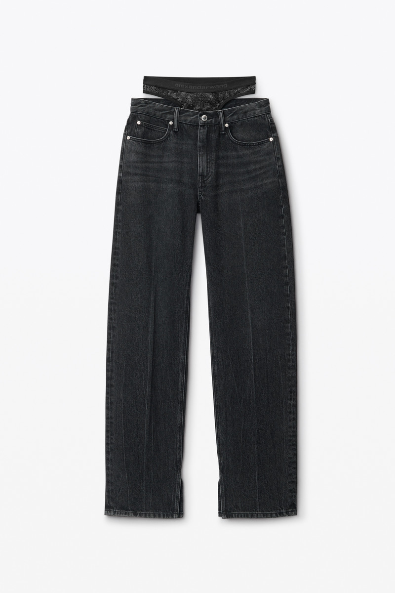 pre-styled straight-leg slit-hem jeans in cotton - 1