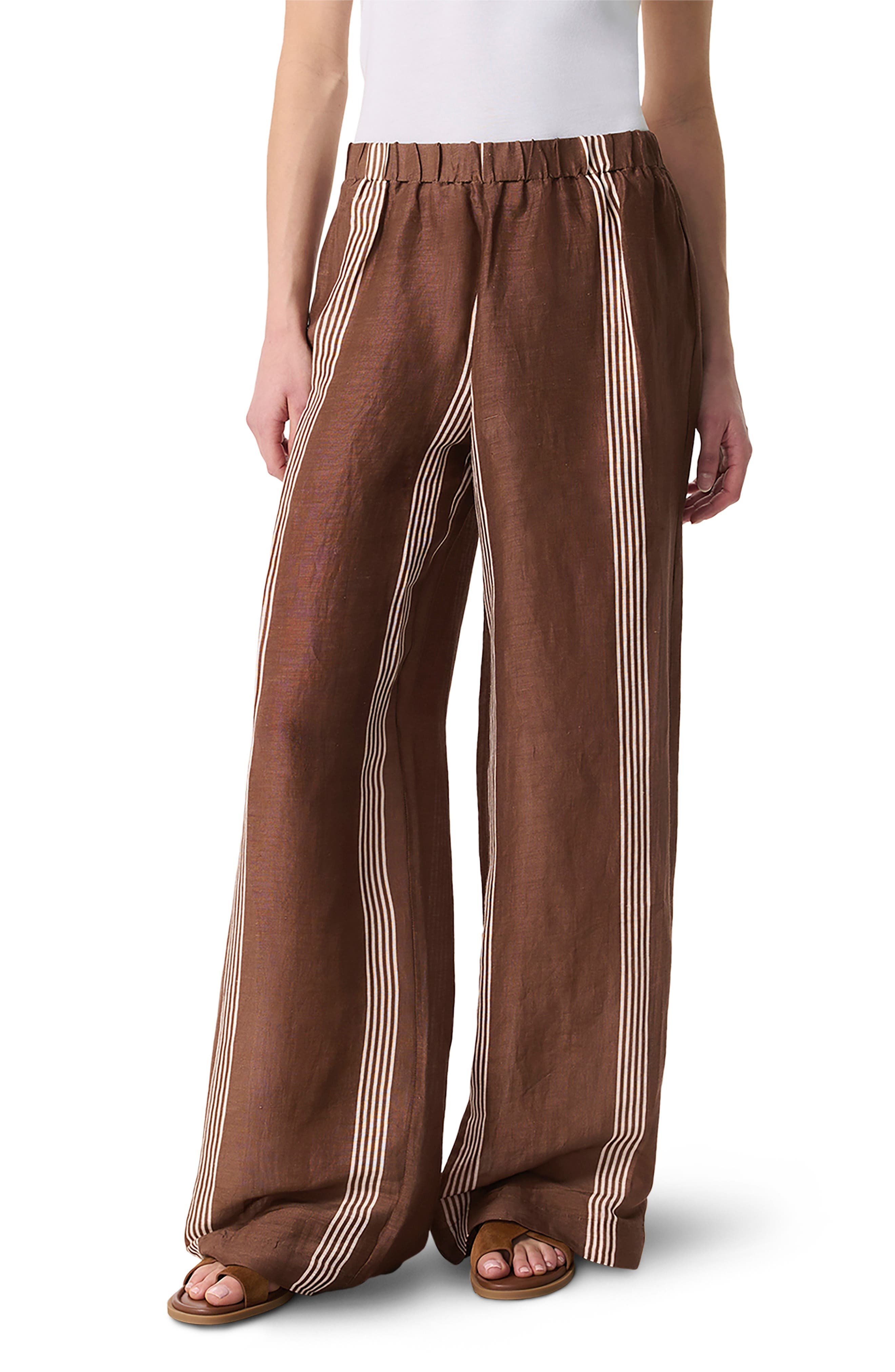 rag & bone Olivia Stripe Linen & Silk Pants in Brown Stripe at Nordstrom - 1
