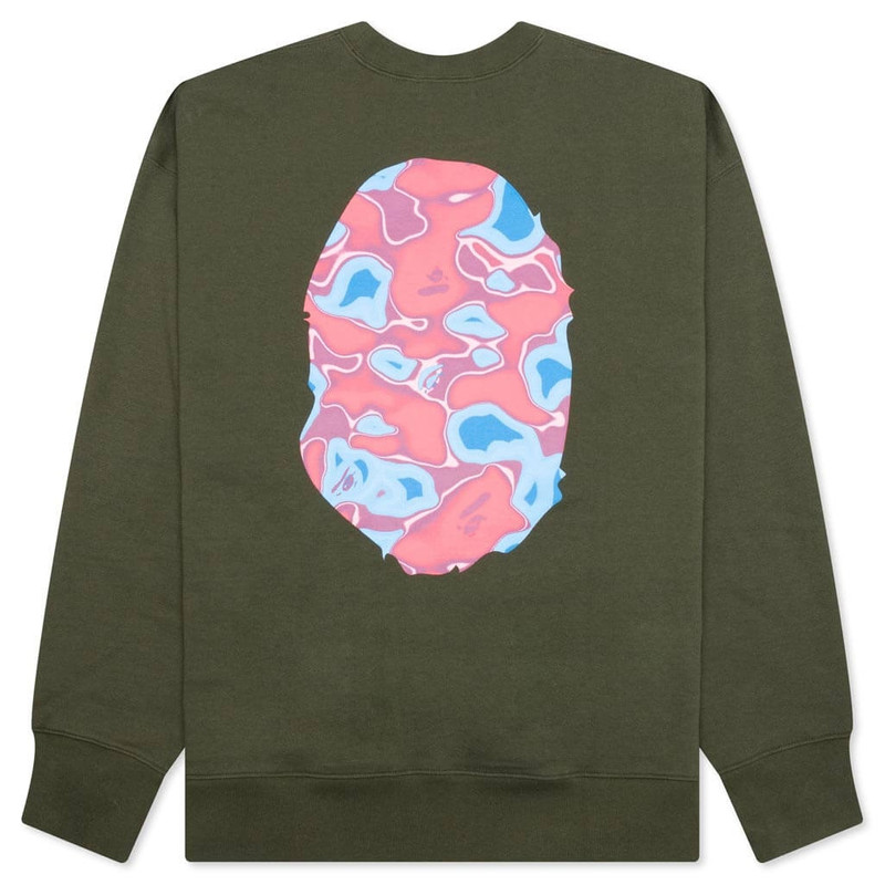A BATHING APE® LIQUID CAMO APE HEAD RELAXED FIT CREWNECK SWEAT - OLIVE DRAB outlook