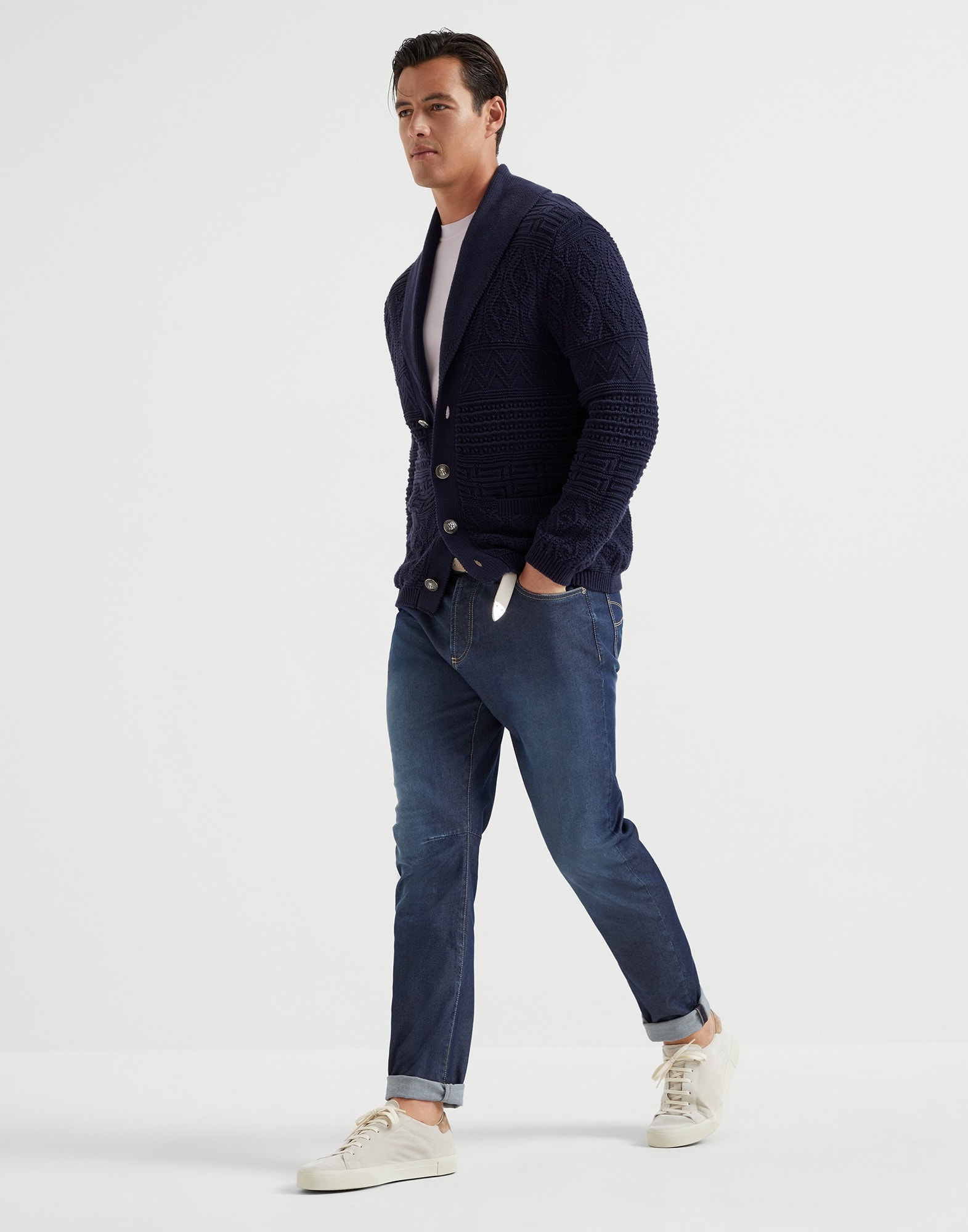 Comfort cotton and silk denim leisure fit five-pocket trousers - 4