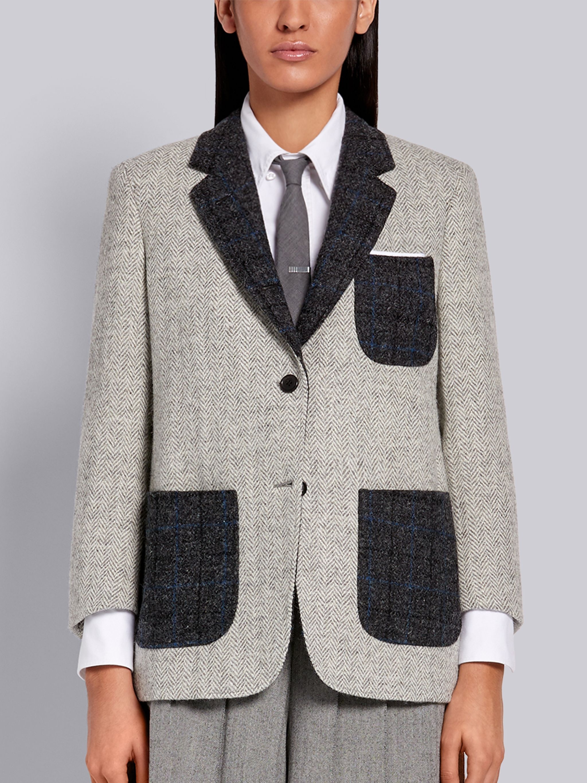 Medium Grey Wool Herringbone Harris Tweed Sack Jacket - 1