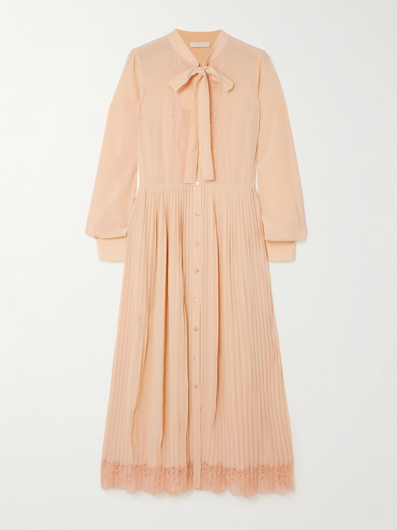 Aviana pussy-bow lace-trimmed pleated silk crepe de chine dress Beige - 1