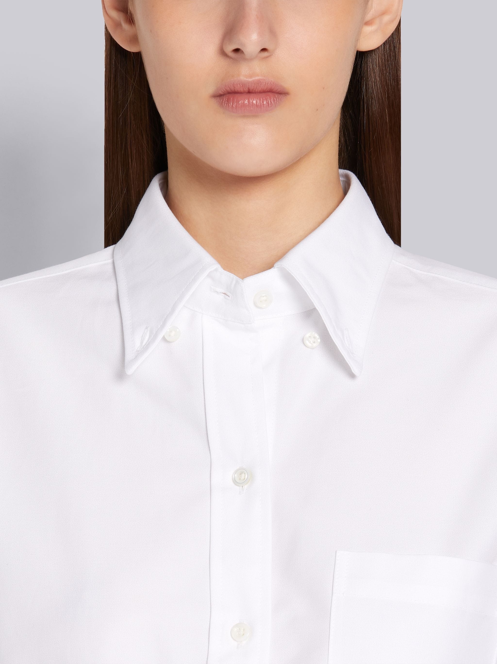 White Cotton Oxford Grosgrain Belt Long Sleeve Below the Knee Tonal 4-Bar Shirtdress - 4