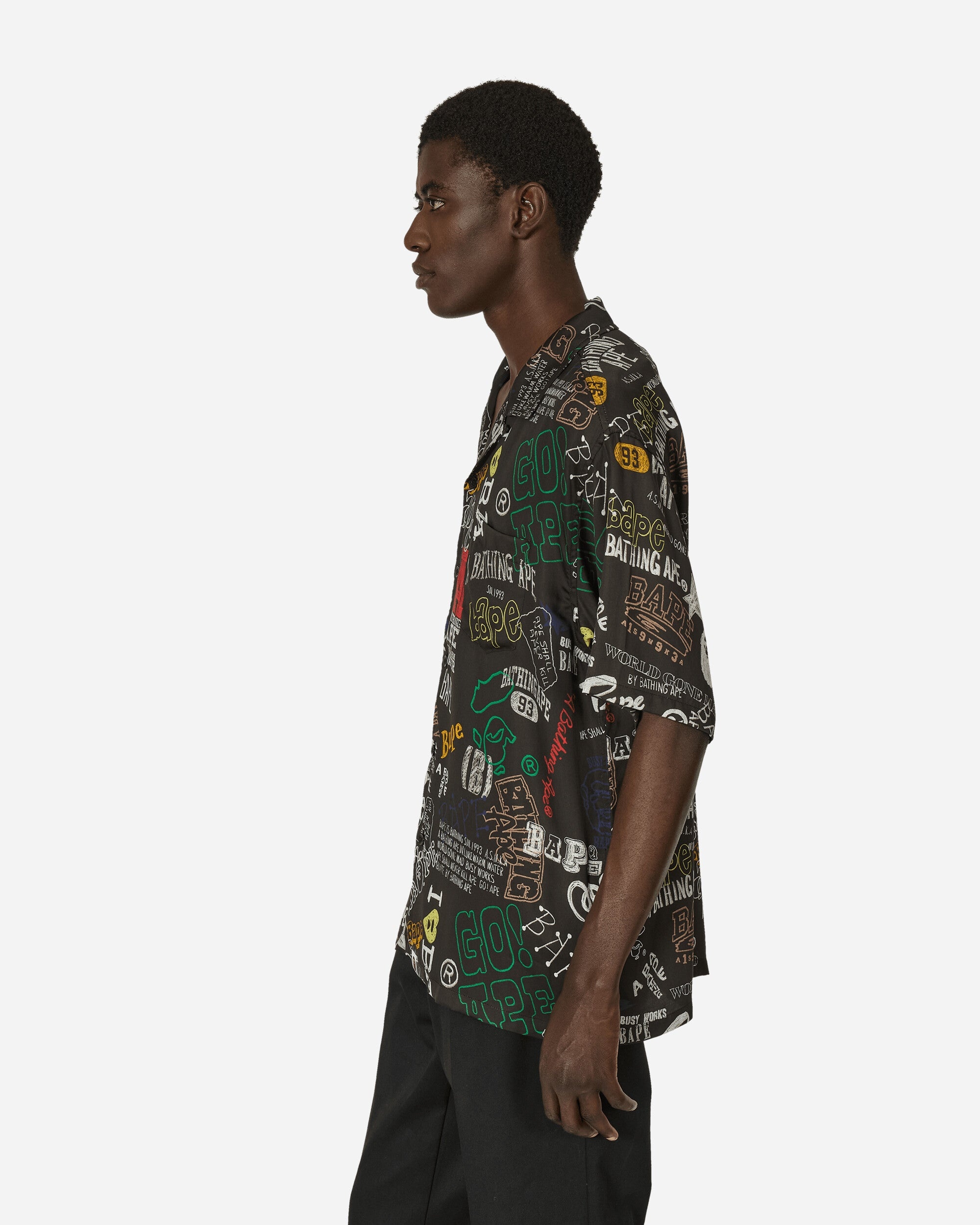 Hand Draw Open Collar Shirt Black - 2