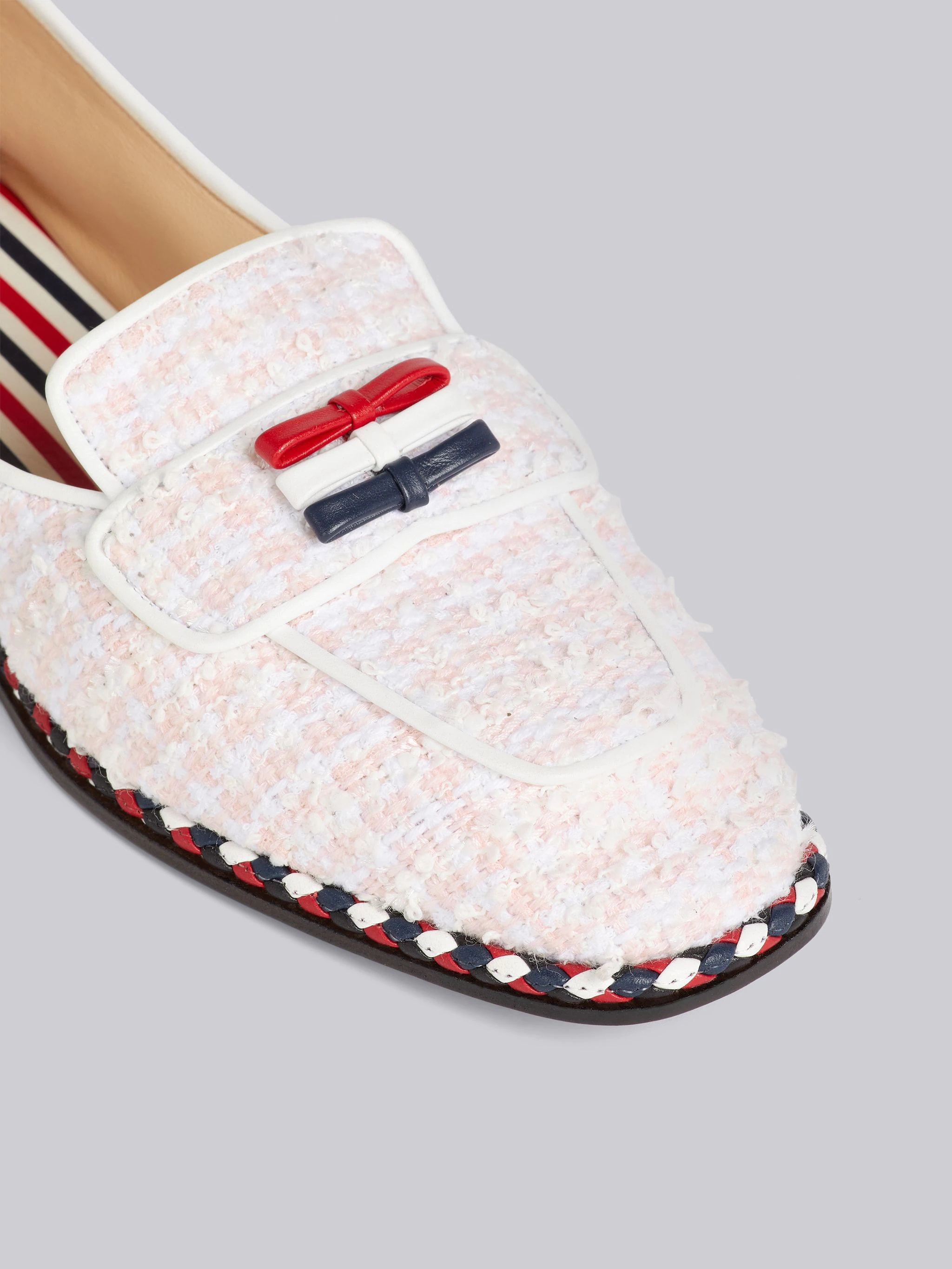 Light Pink Tweed Stripe Cord Trimmed Leather Sole Bow Detail Soft Loafer - 2