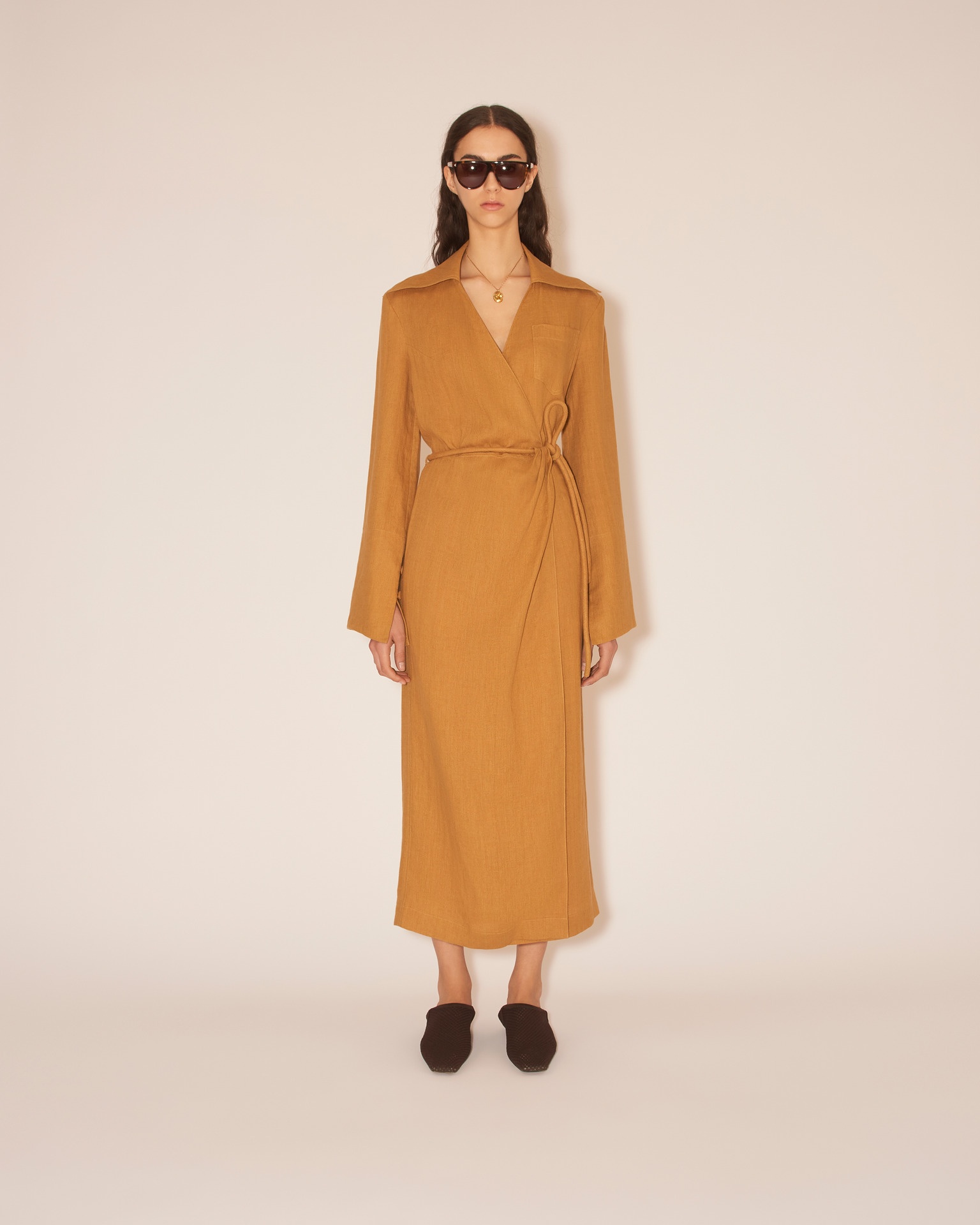 FARAH - Midi wrap dress with straight skirt silhouette - Camel - 3