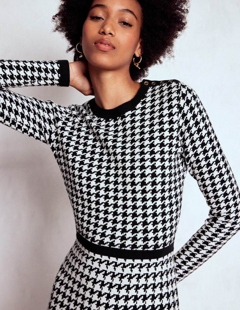 Maria Button Knitted Dress-Black and Ivory Dogstooth 3