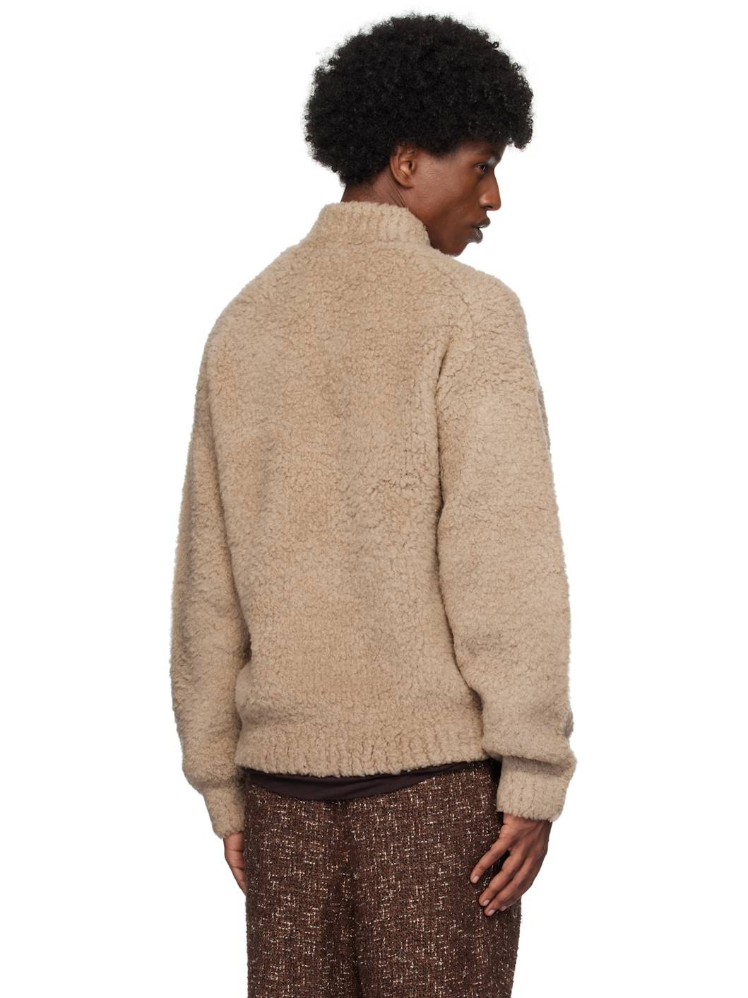Beige Merino Wool Boa Knit Half Zip Sweater - 3