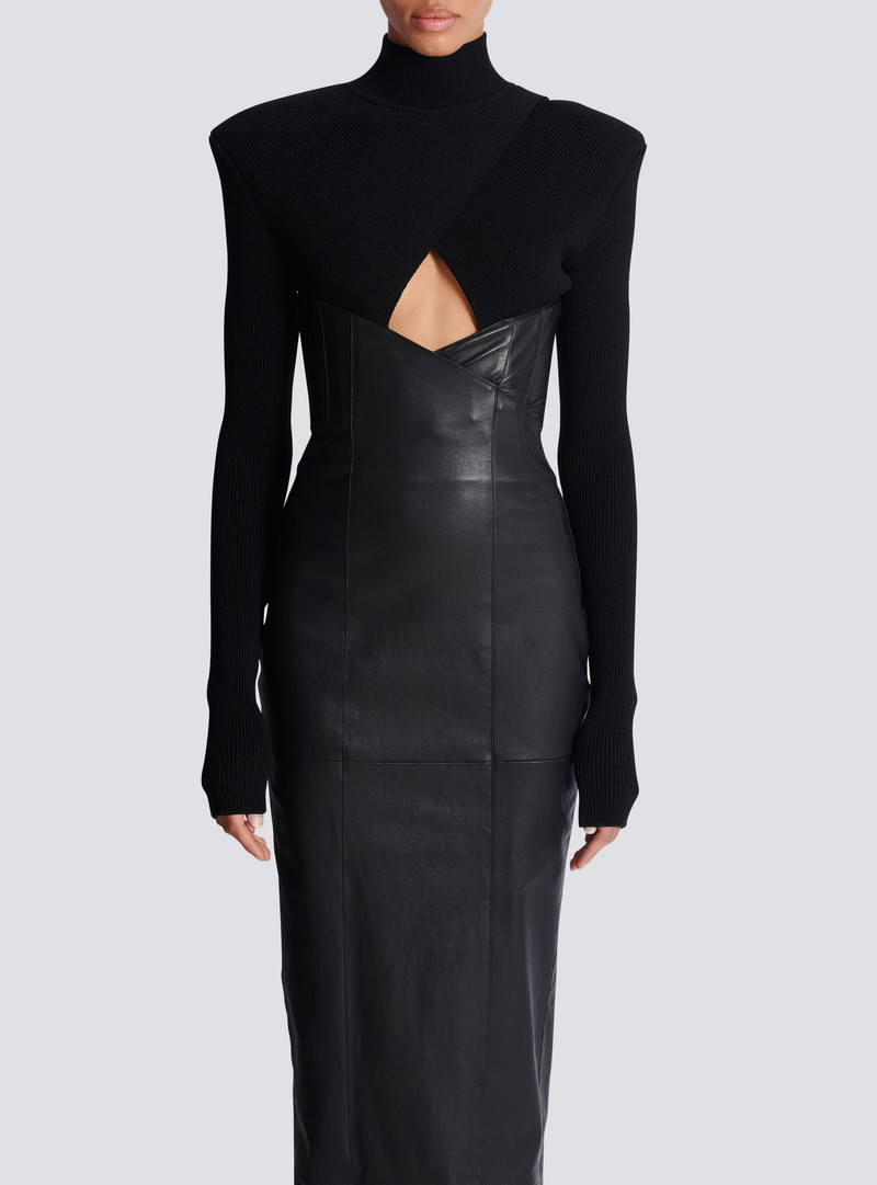 Long knit and lambskin leather dress 5