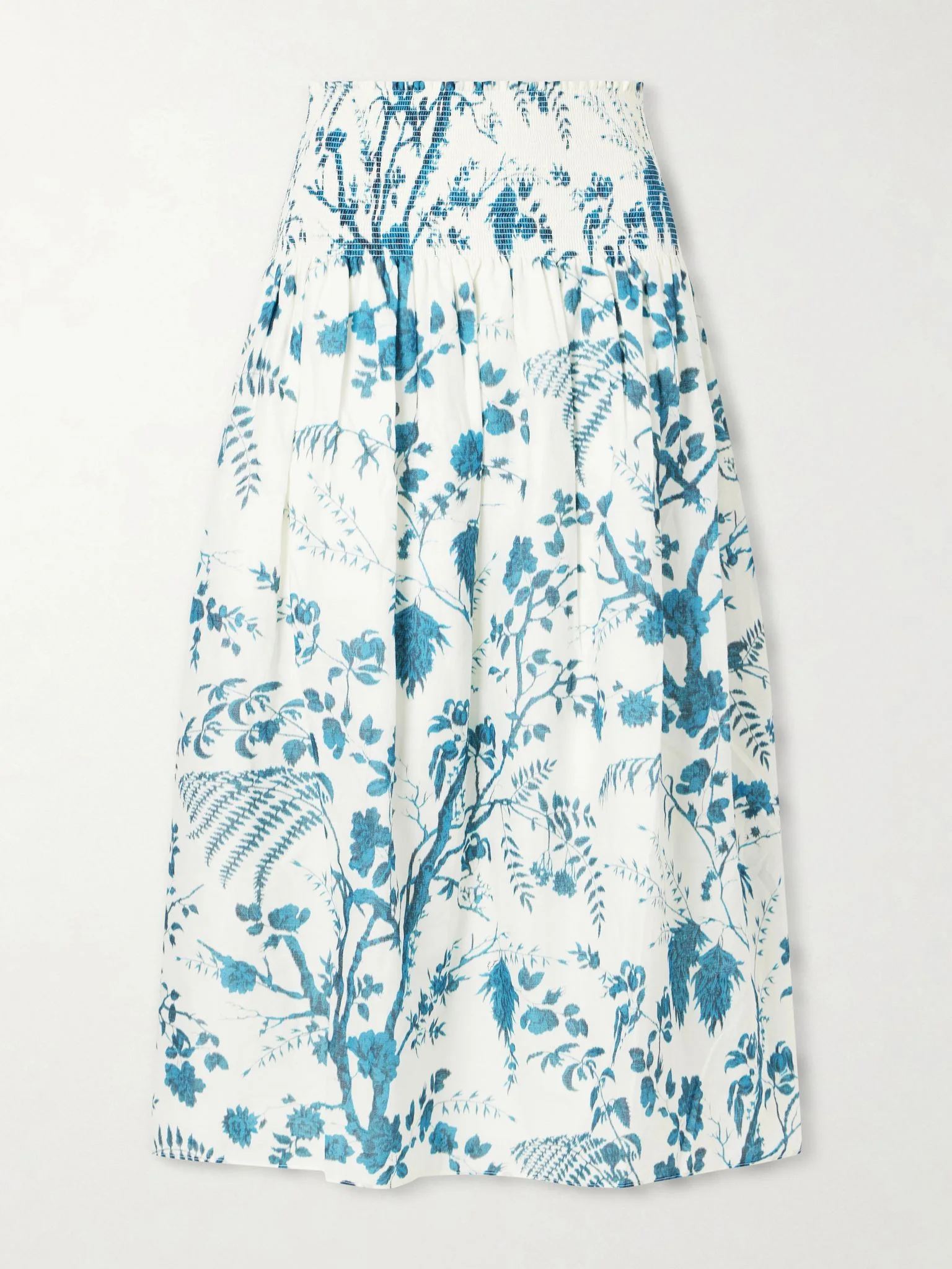 Shirred floral-print cotton and linen-blend midi skirt White - 1