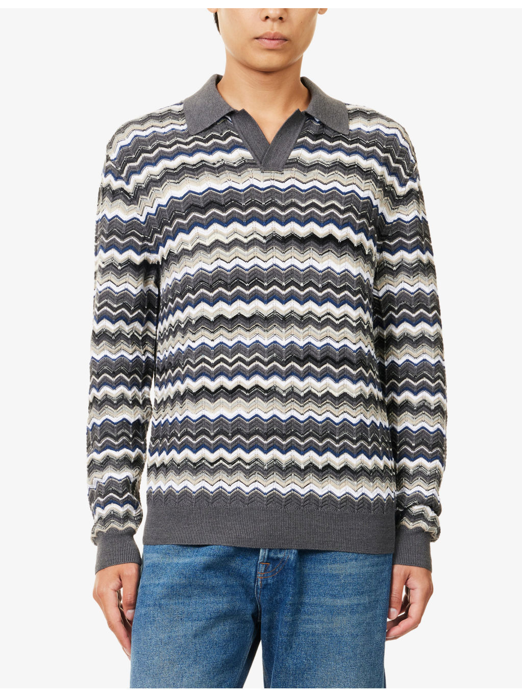 Zig-Zag Pattern Long-Sleeve Cotton And Wool Polo Shirt - 3