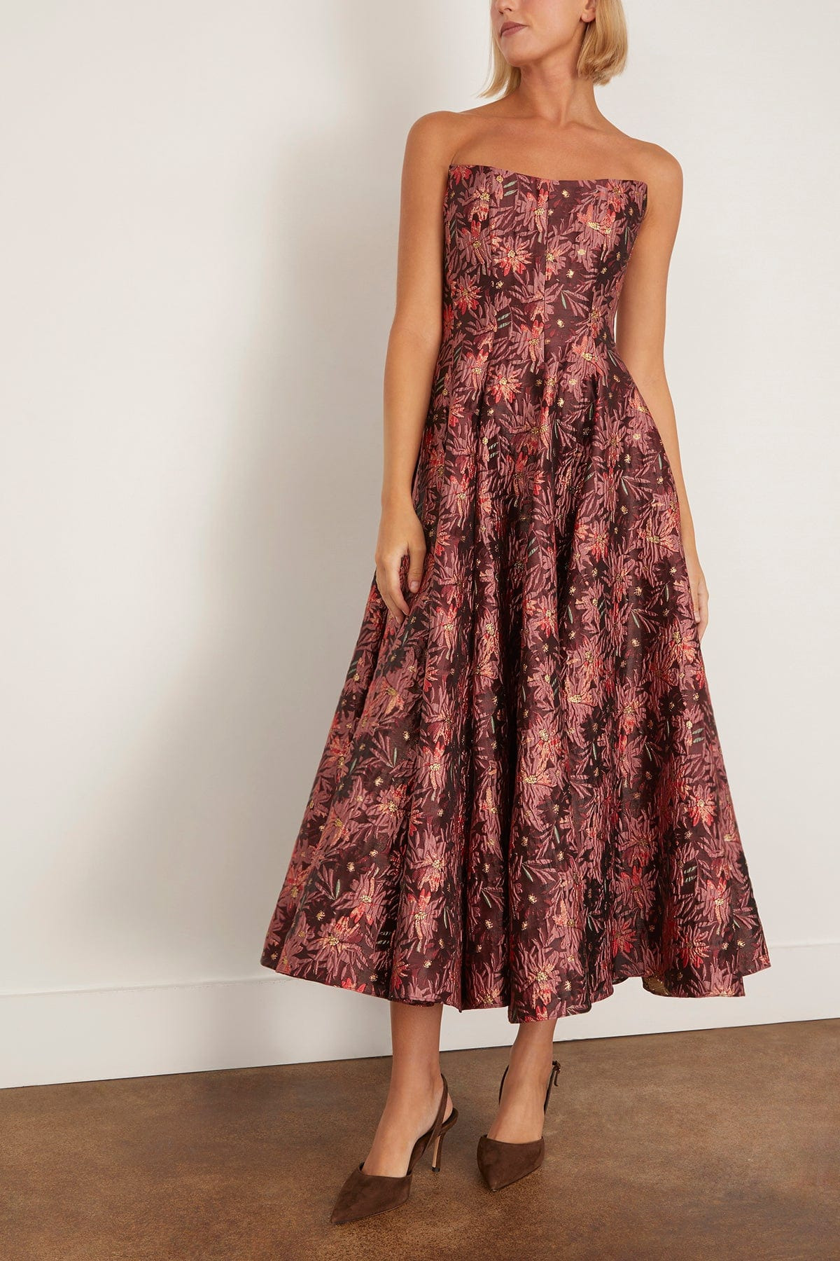 Rousseau Floral Brocade Midi Dress in Burgundy Metallic Daisy - 3