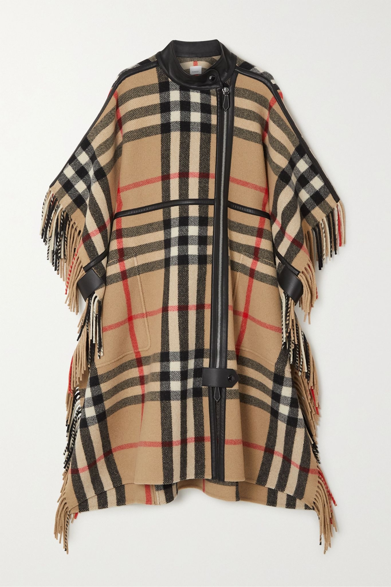 Leather-trimmed fringed checked wool-blend cape - 1