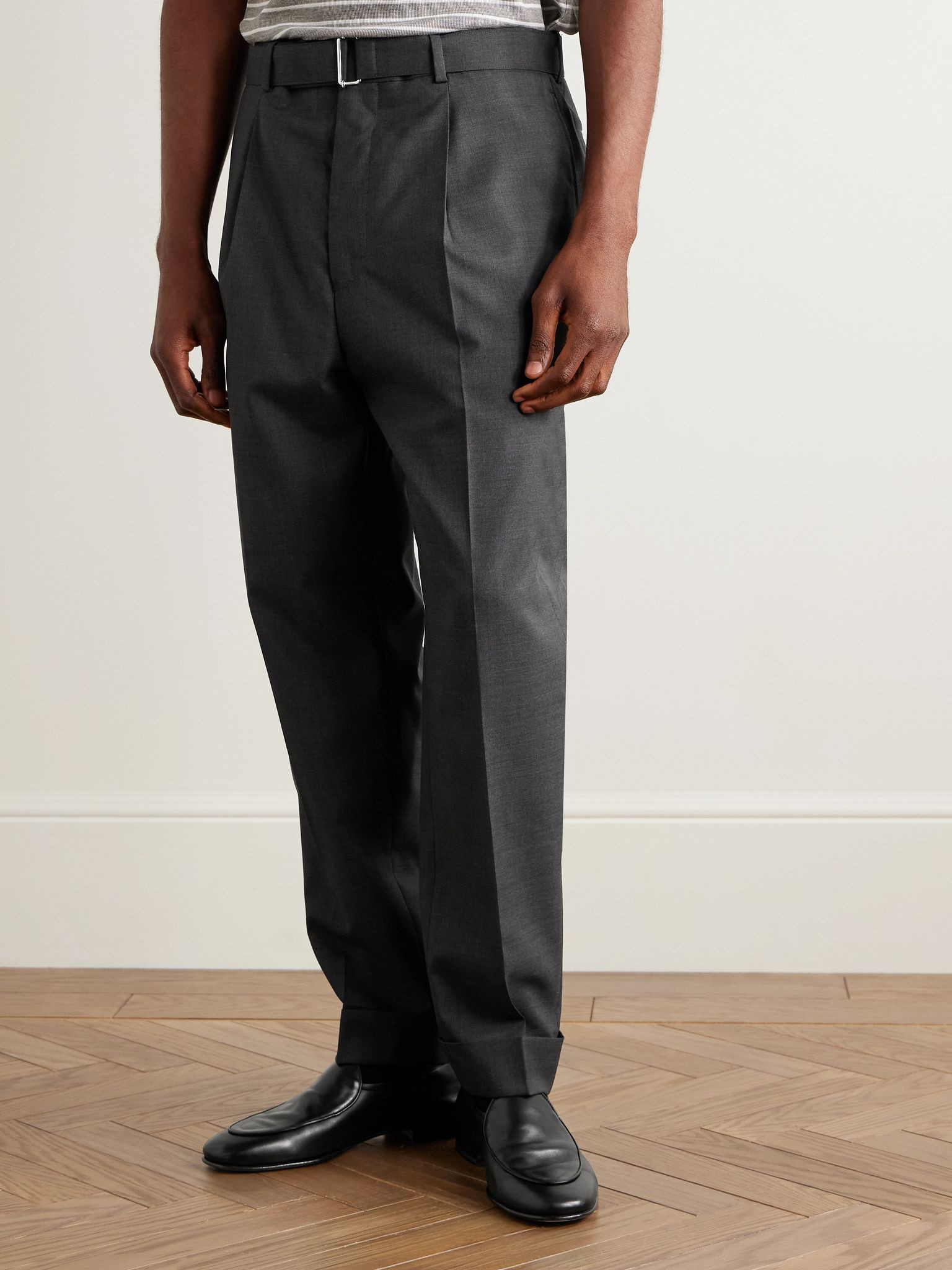 Hugo Tapered Belted Virgin Wool Suit Trousers Gray - 3
