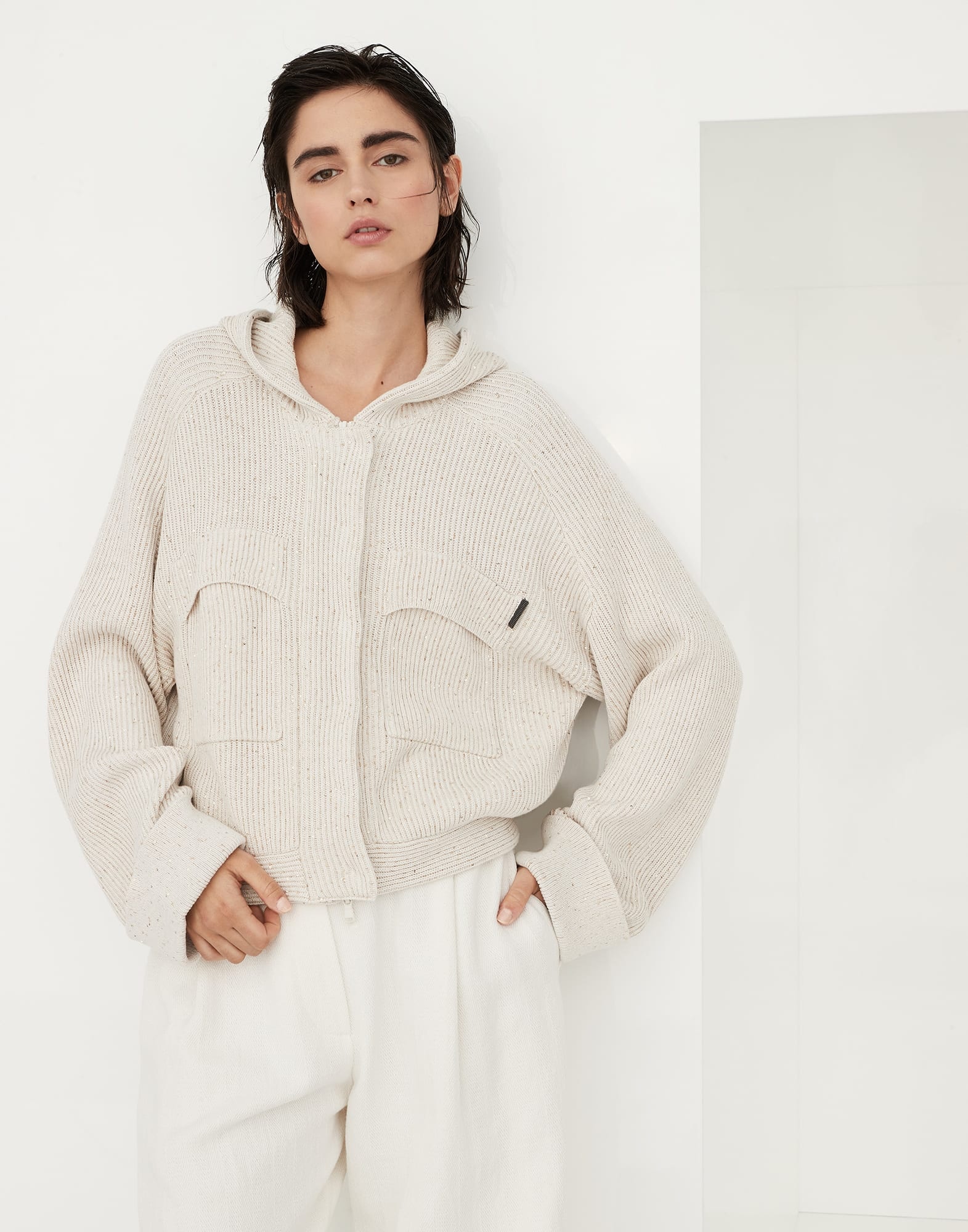 Cotton diamond yarn English rib hooded cardigan with shiny tab - 1