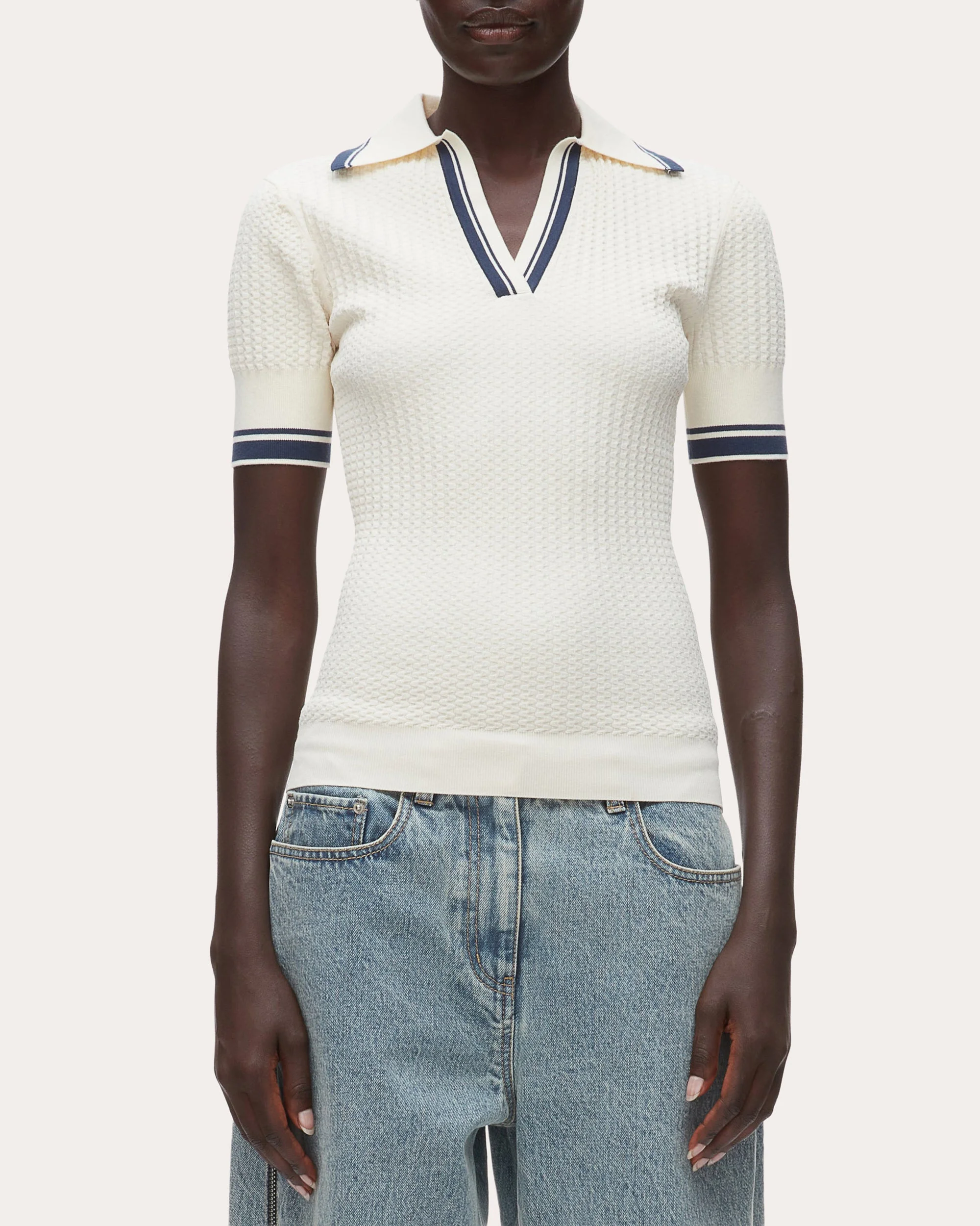 Textured Rib Knit Polo Top - 1