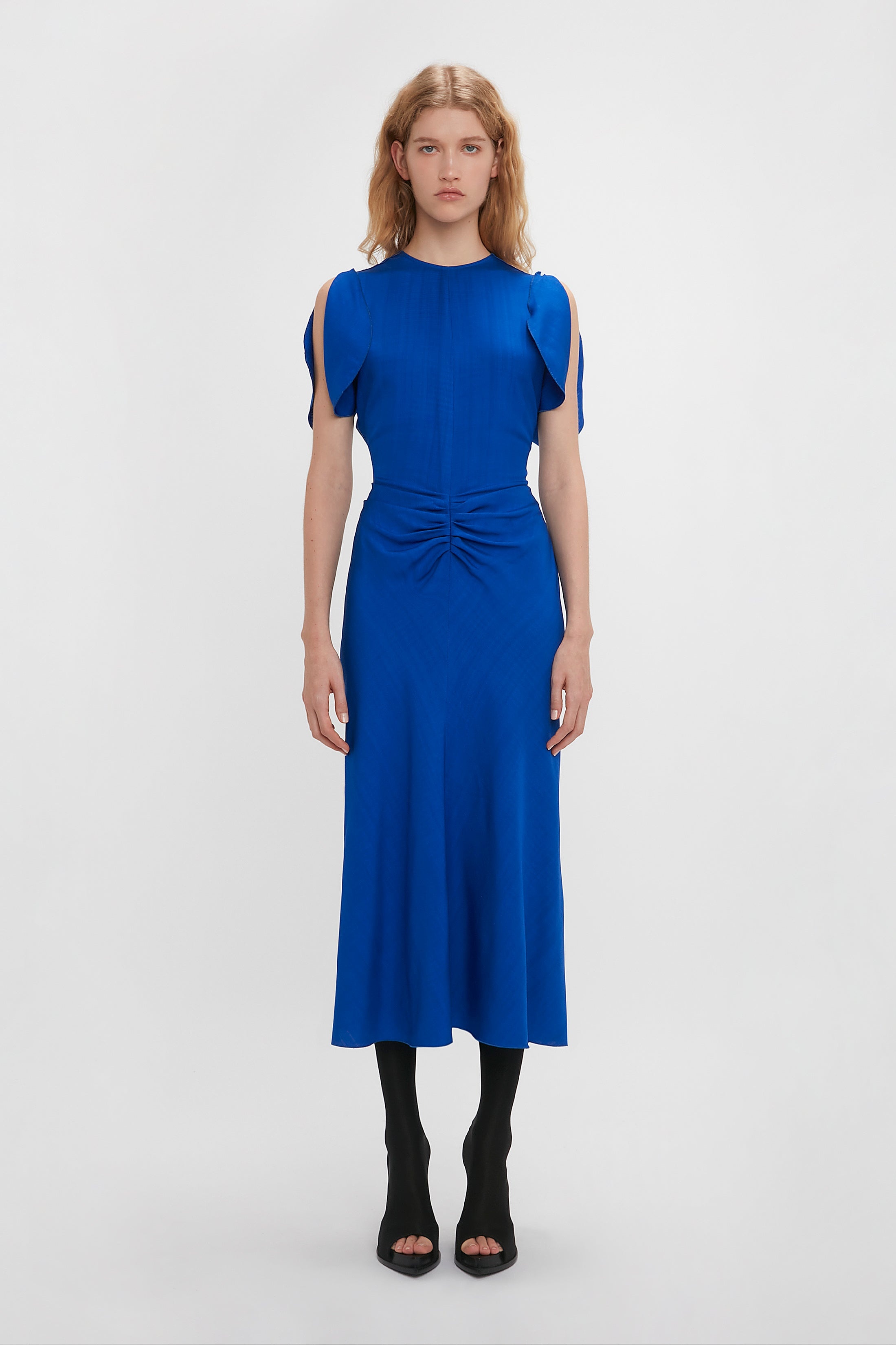 Gathered Waist Midi Dress In Palace Blue - 2
