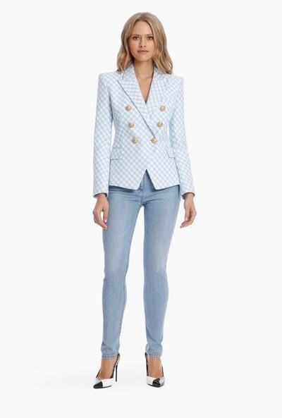 Balmain Blue and white gingham-print cotton blazer outlook