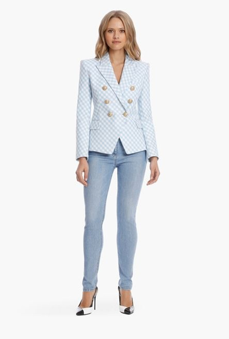 Balmain Blue and white gingham-print cotton blazer outlook