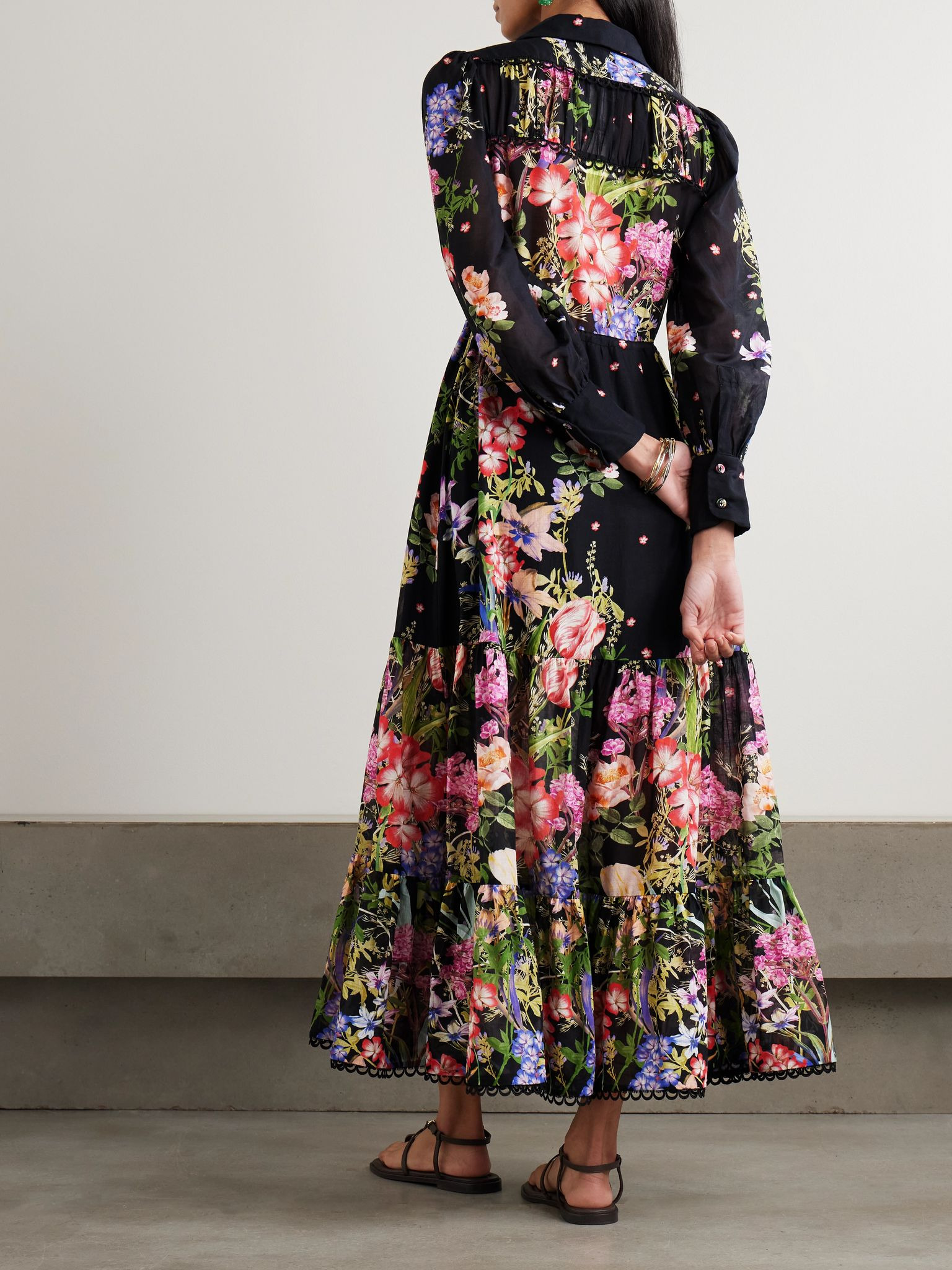 Lotus floral-print cotton-blend voile maxi shirt dress Black - 3