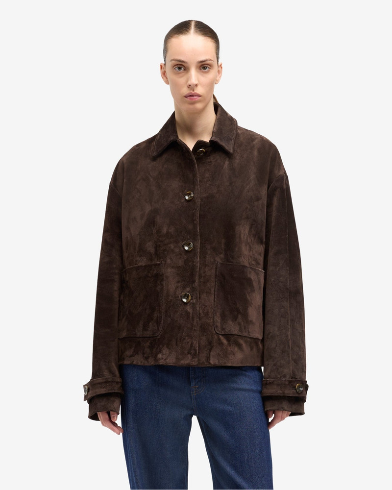 7 For All Mankind Suede Cropped Chore Jacket in Coffee Bean outlook