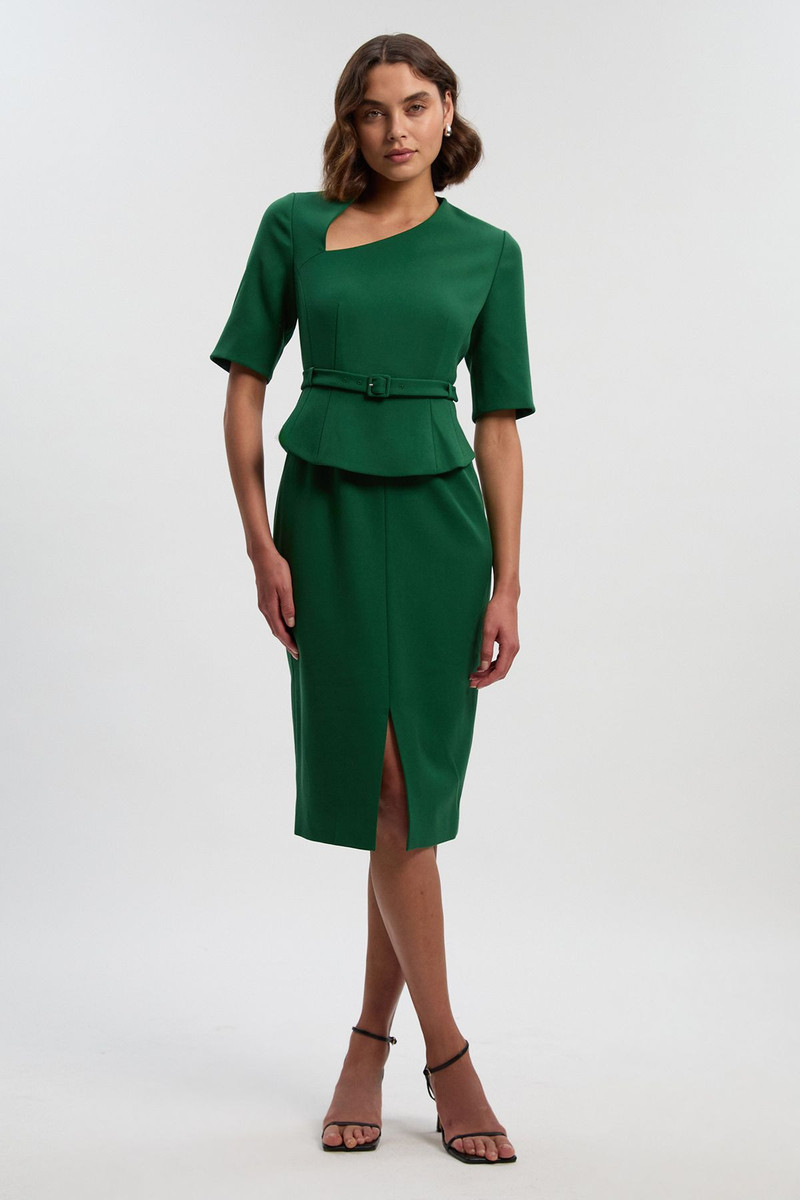 Structured Crepe Forever Asymmetric Neck Belted Pencil Midi Dress 1