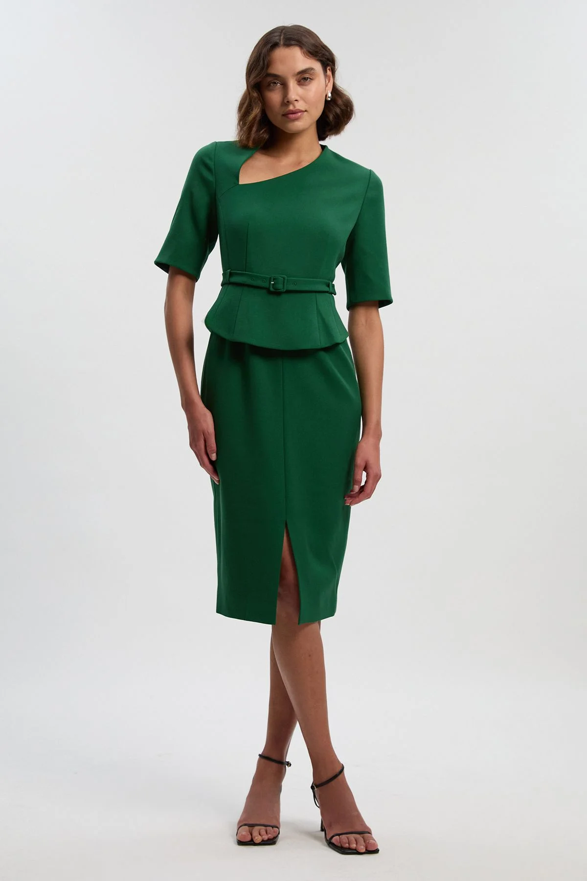 Structured Crepe Forever Asymmetric Neck Belted Pencil Midi Dress - 1