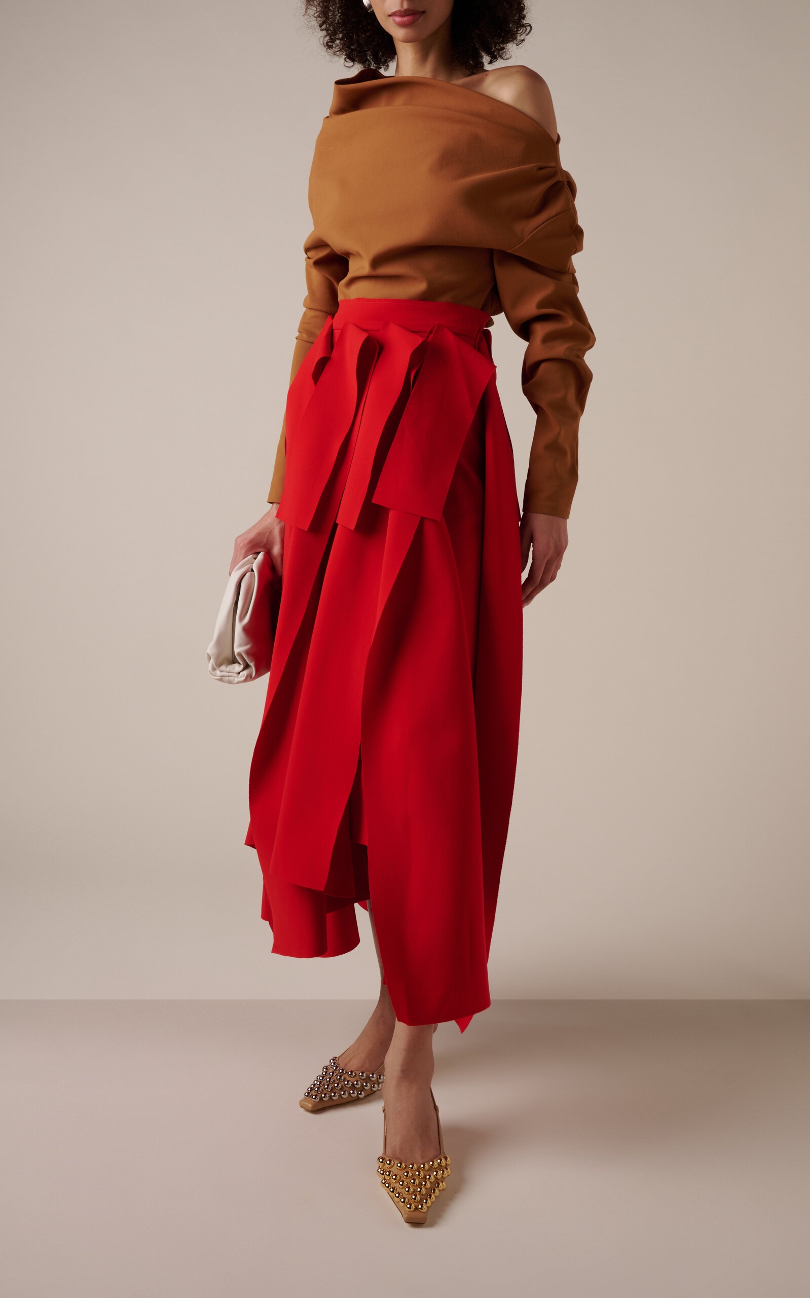 Asymmetrical Pleated Panel Midi Skirt red - 3