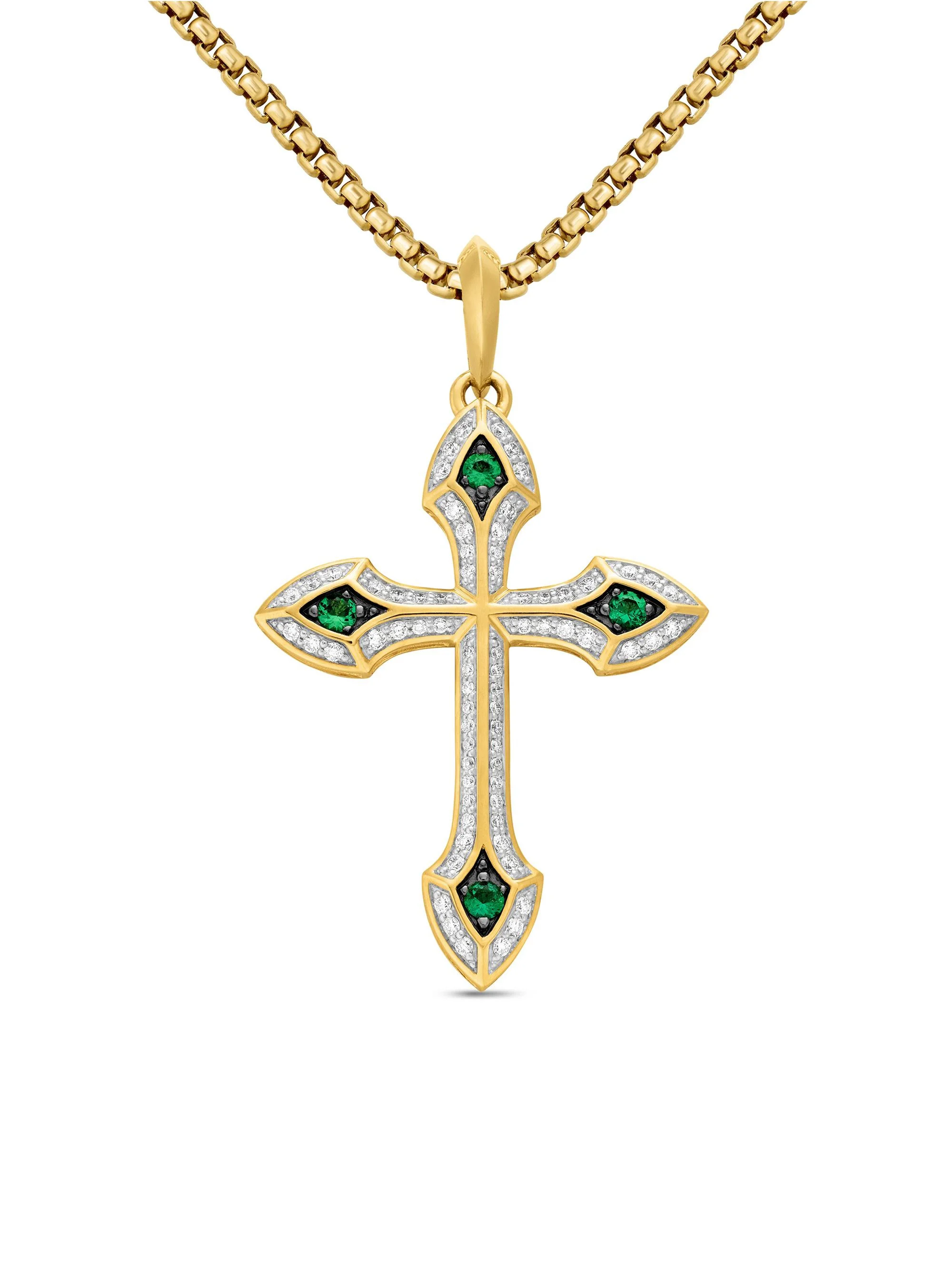 Men's Gothic Cross Amulet in 18K Yellow Gold - Emerald - 1