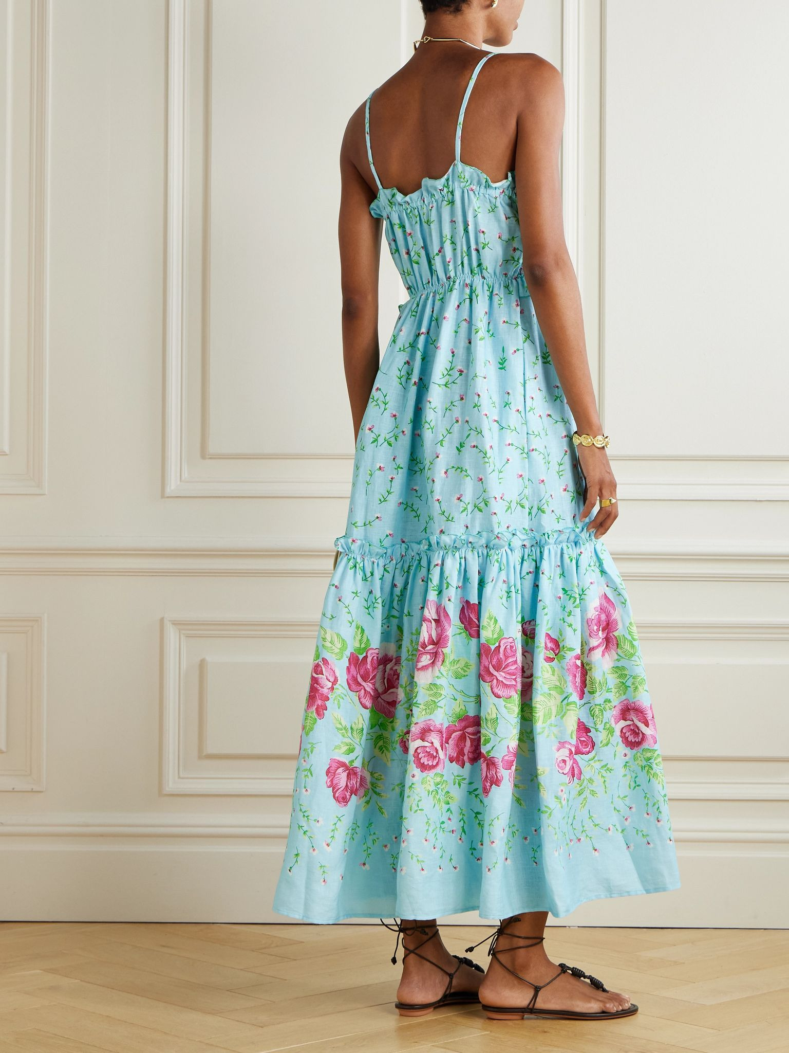 Bianca embroidered smocked ruffled floral-print linen maxi dress Blue - 3