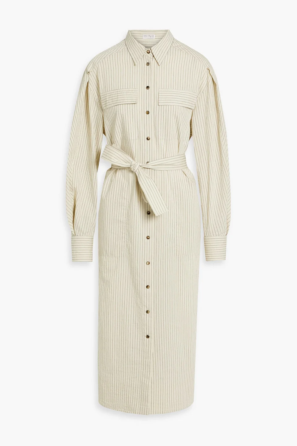 Bead-embellished striped cotton-blend seersucker midi shirt dress - 1