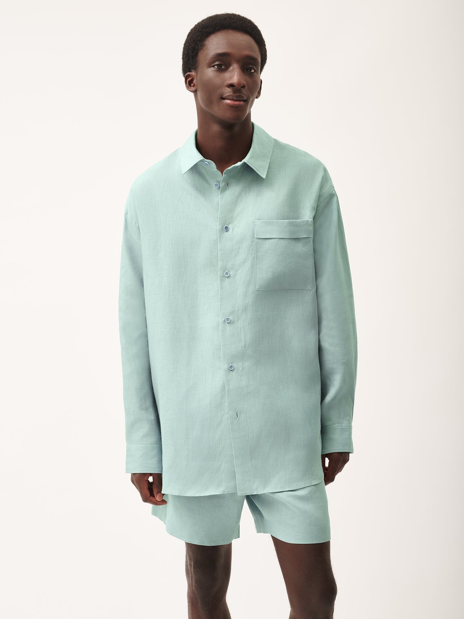 Mens DNA Aloe Linen Collared Long Sleeve Shirt - Eucalyptus Blue - 2