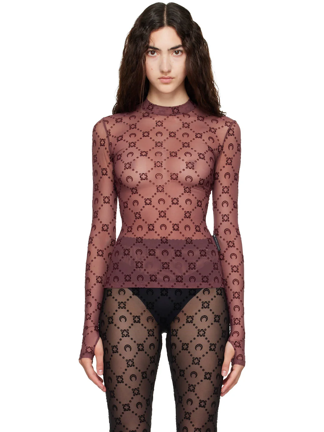 Burgundy Moonogram Flock LS Highneck Top - 1