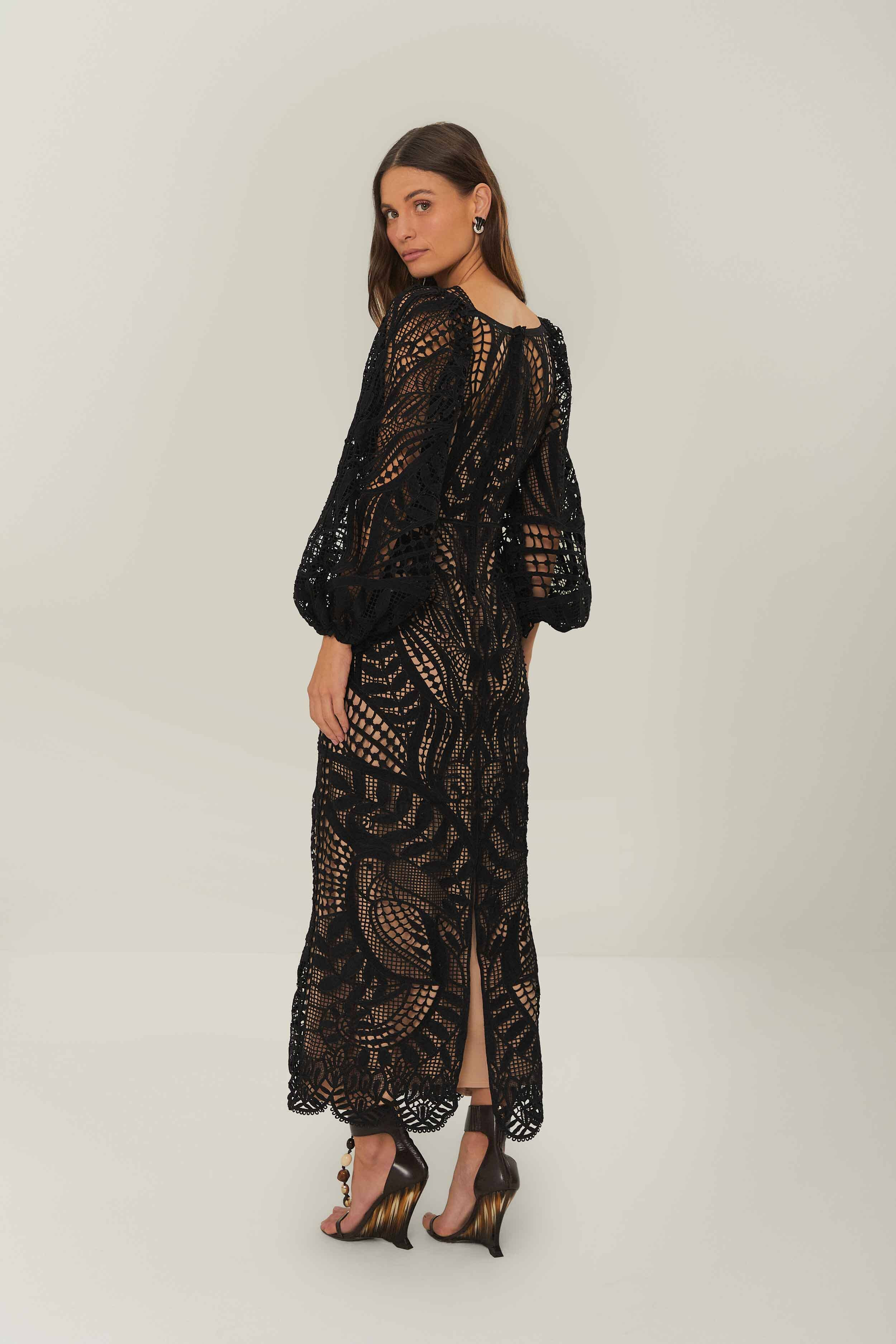 Black Nature Guipure Midi Dress - 4