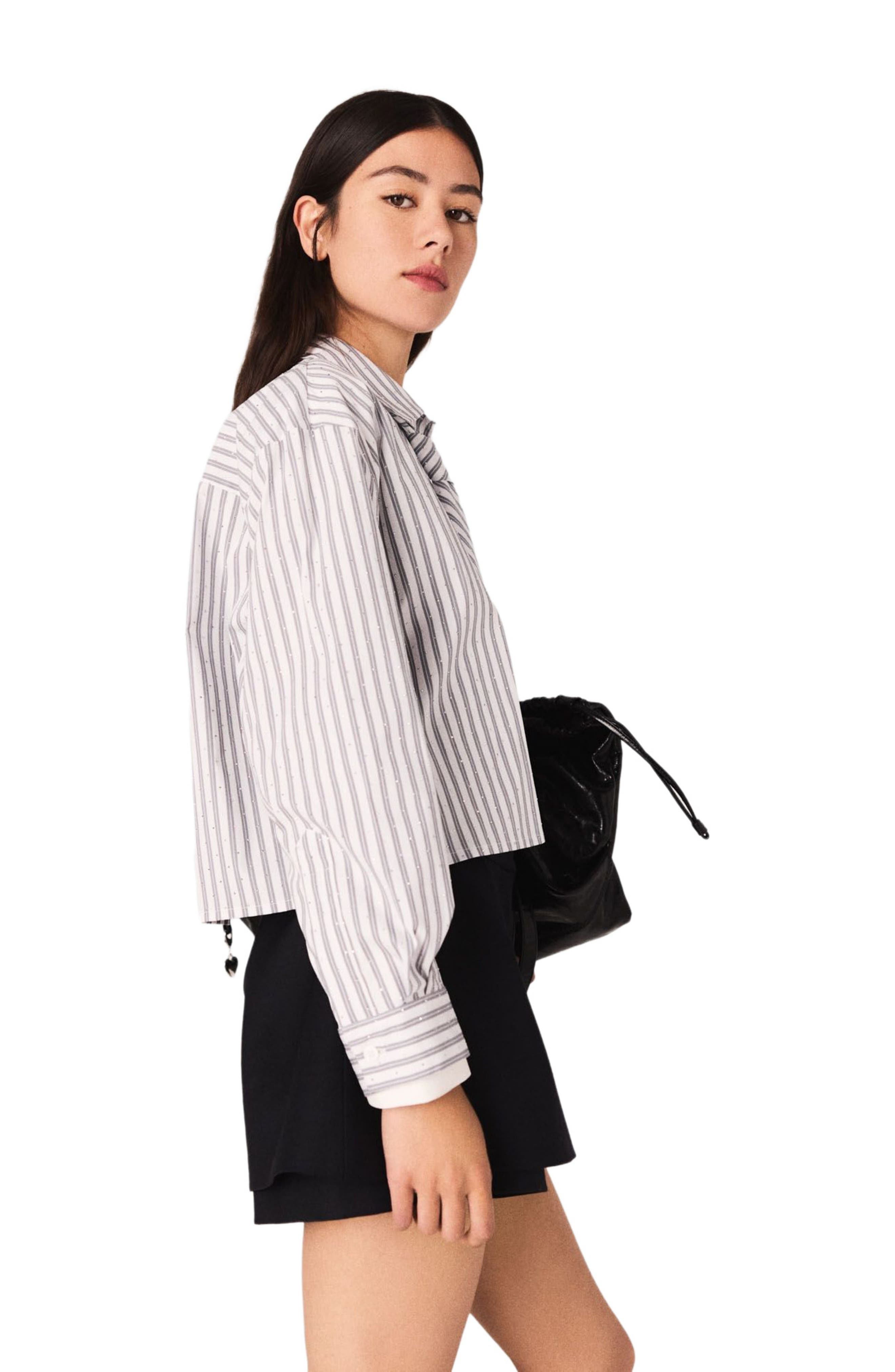 maje Striped rhinestone shirt with tie in Ecru Stripes at Nordstrom - 3
