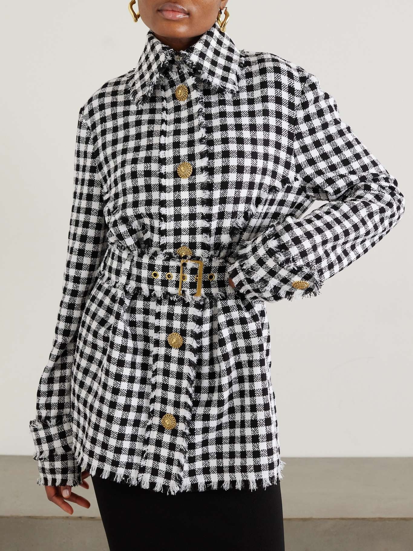 Belted frayed houndstooth cotton-blend tweed overshirt - 6
