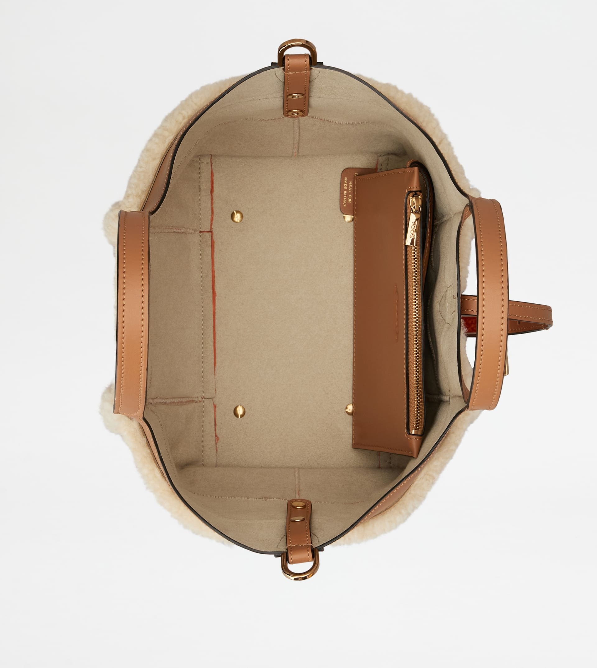 T TIMELESS SHOPPING BAG IN LEATHER AND SHEEPSKIN MINI - ORANGE, OFF WHITE, BROWN - 6