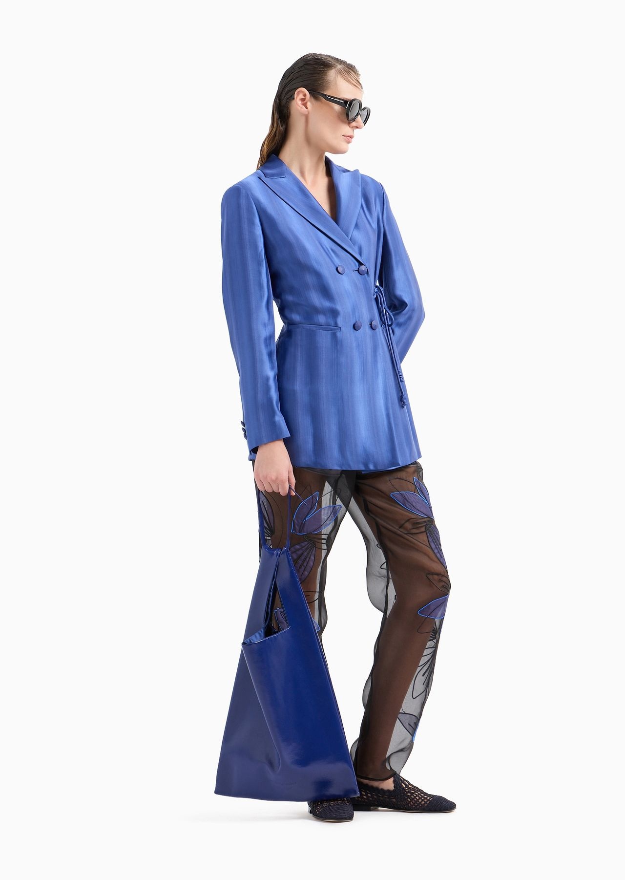 Long double-breasted jacket in jacquard viscose with diagonal gradient-effect motif - 4