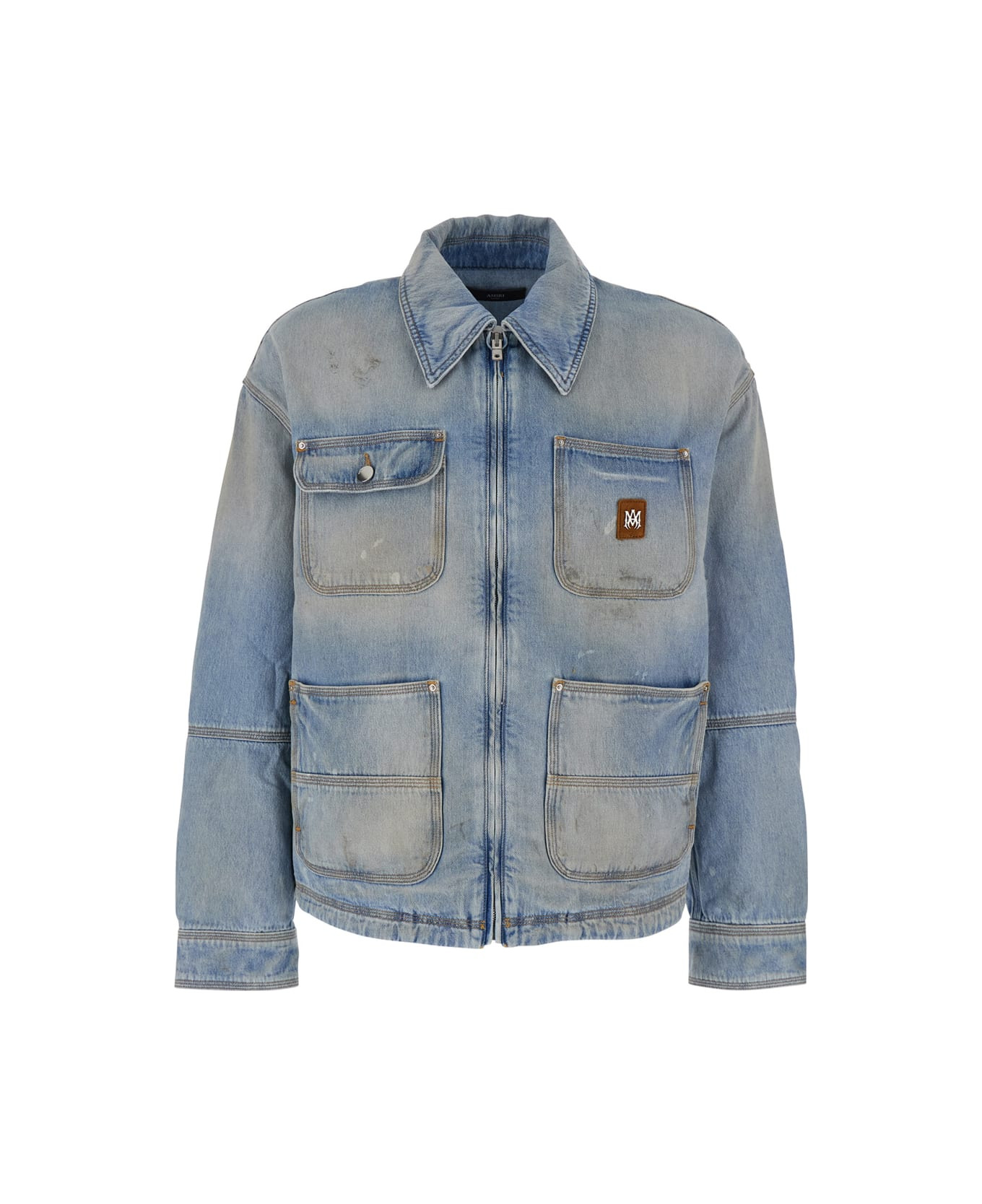 Blue Jacket With Classic Collar And Logo Patch On Front And Rear In Denim Man - 1