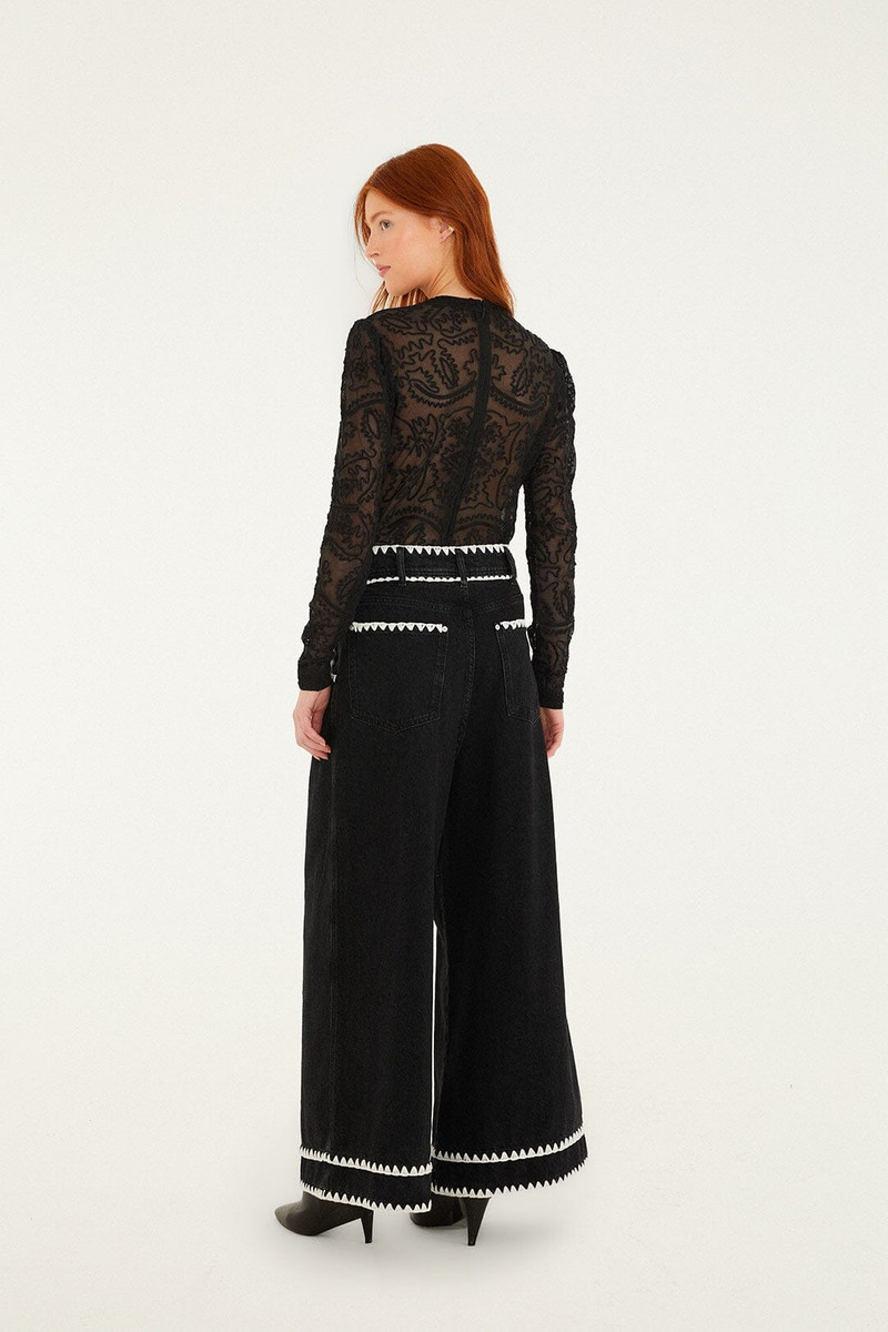 Black Crochet Embroidery Wide-Leg Denim Pants 3