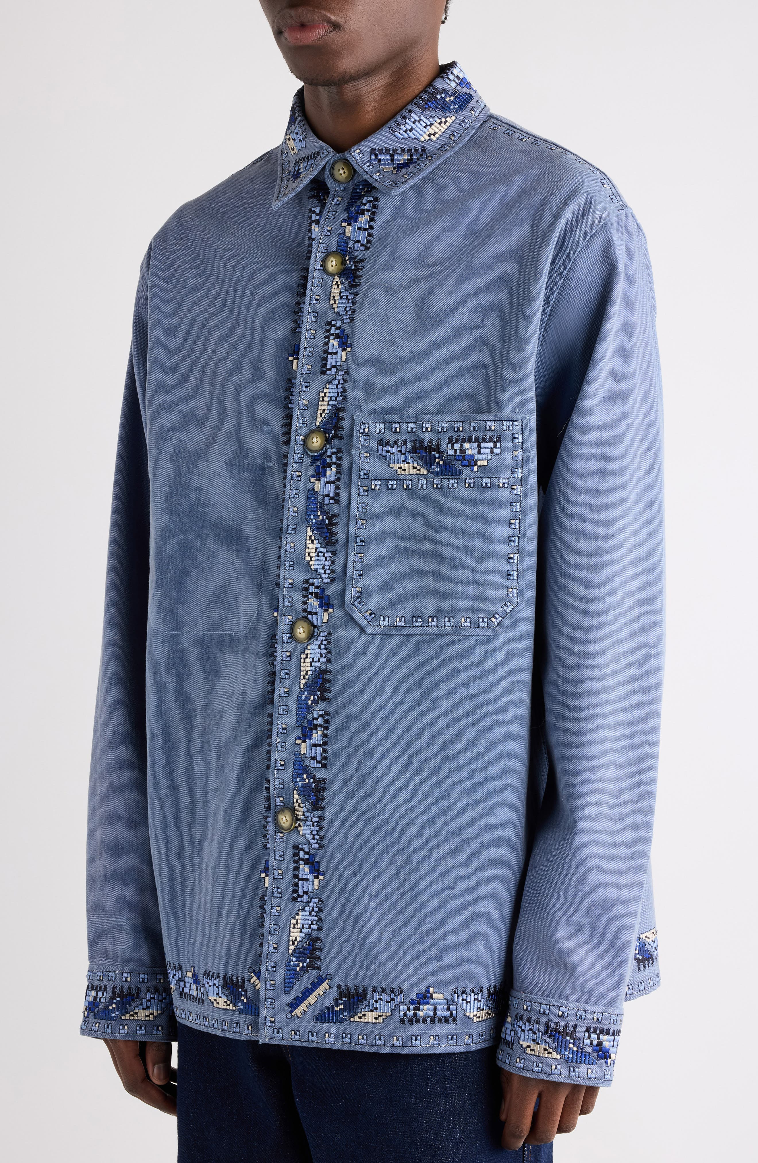 Isabel Marant Rudy Embroidered Cotton Shirt Jacket in Faded Blue at Nordstrom - 5