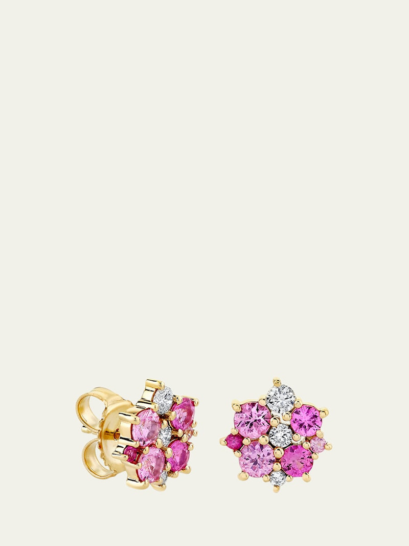 14k Diamond and Pink Sapphire Disc Stud Earrings 1