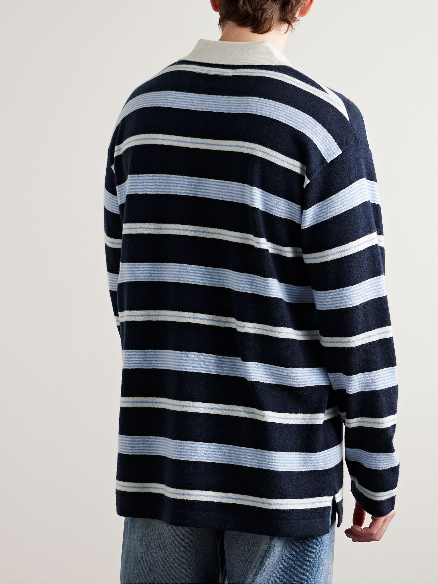 Striped Cashmere Polo Shirt Blue - 3