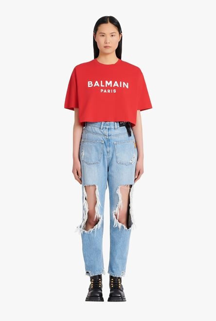 Cropped red eco-designed cotton T-shirt with white Balmain logo print - 4