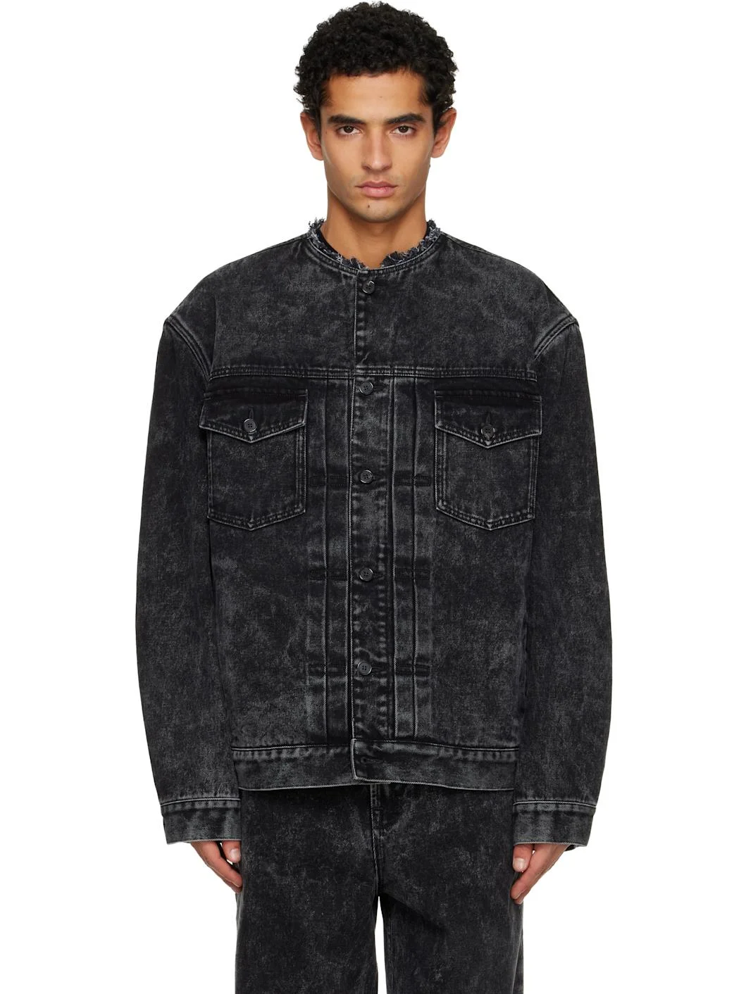 Black Loose Fit Washed Denim Jacket - 1