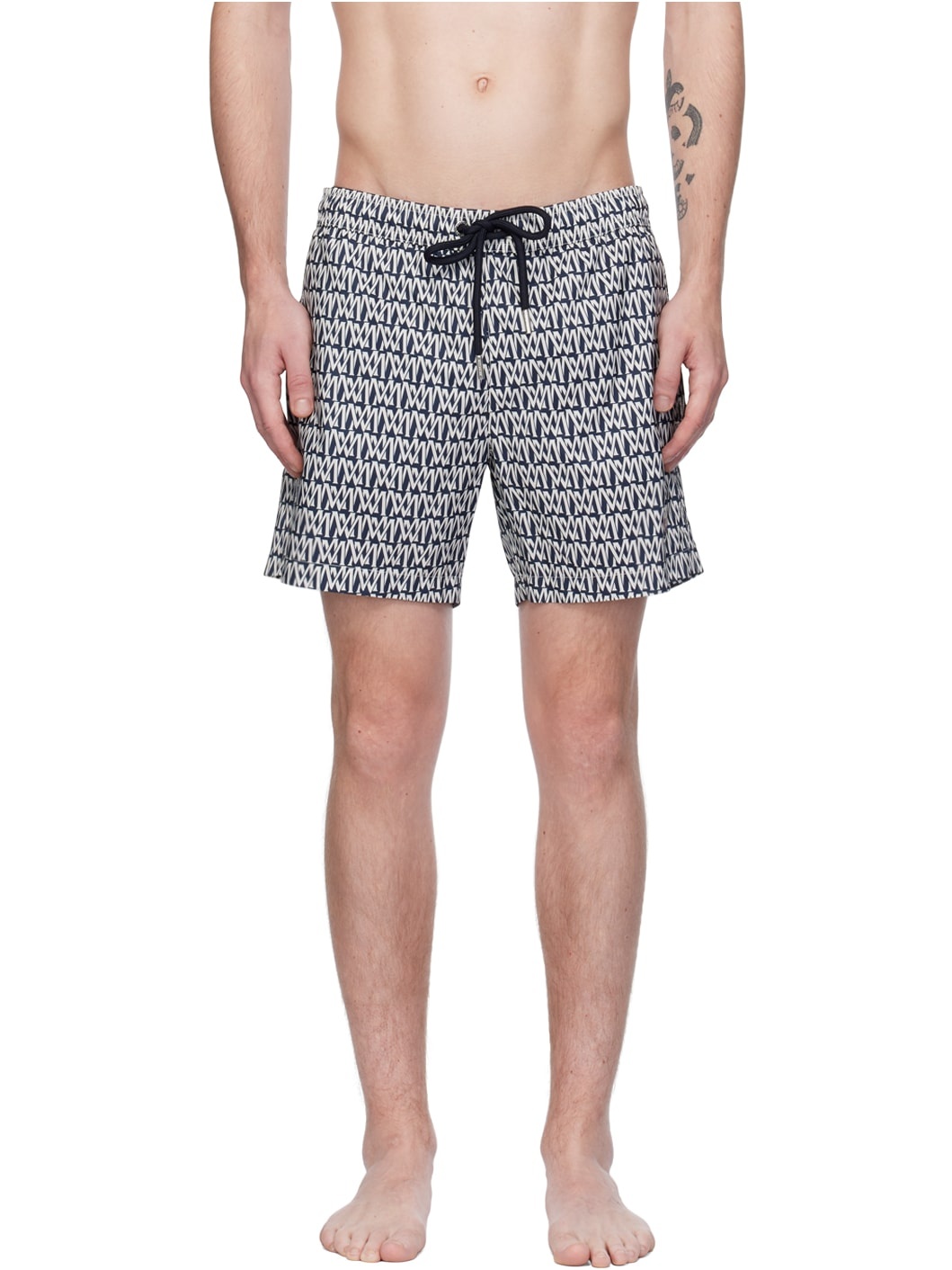 Navy & White Printed Swim Shorts - 1